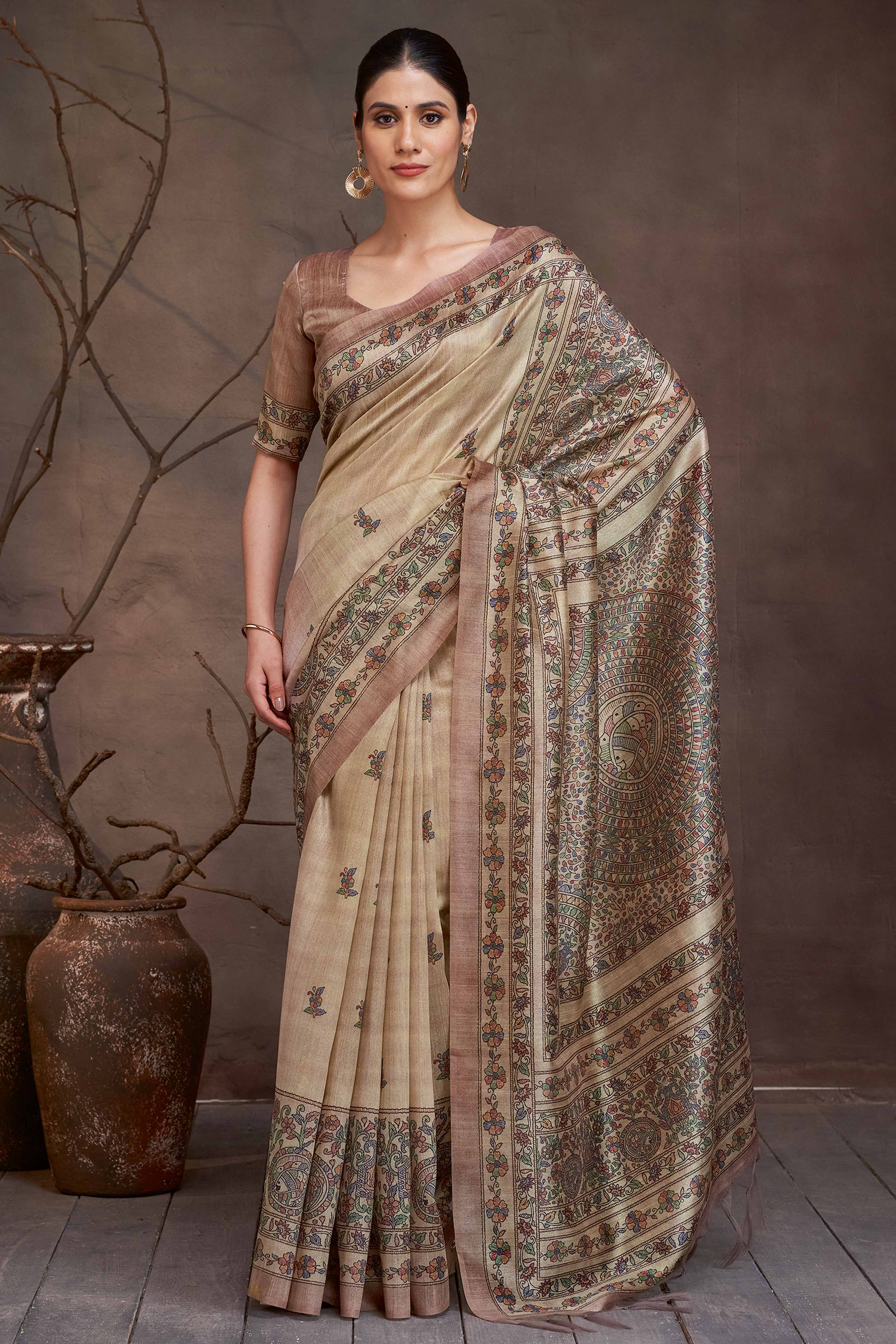 Subtle Sophistication Beige Cotton Silk Saree with Traditional Madhubani Design
