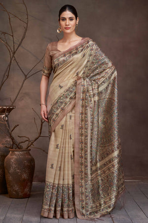 Subtle Sophistication Beige Cotton Silk Saree with Traditional Madhubani Design