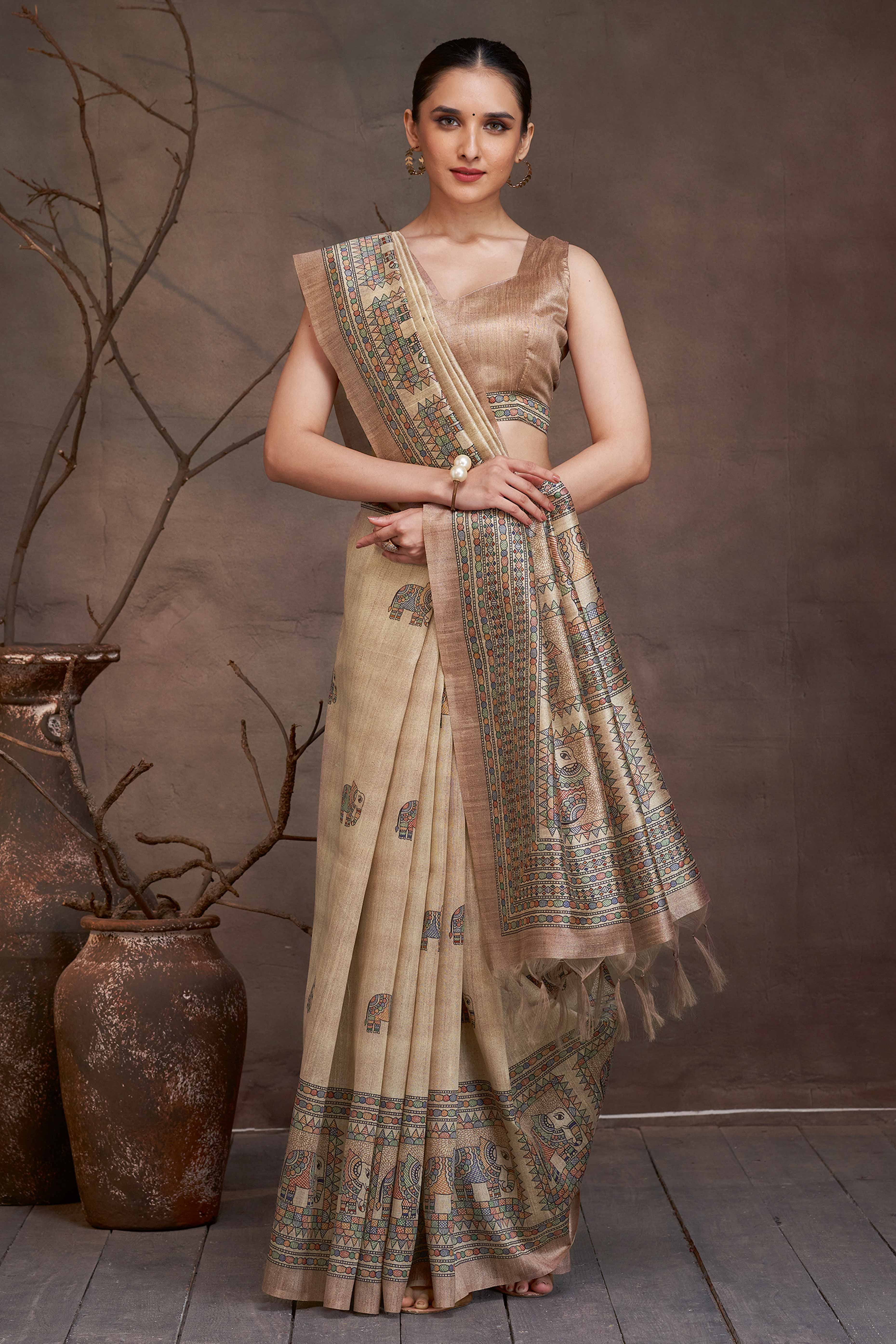 Floral Elegance in Beige Madhubani Print on Soft Cotton Silk