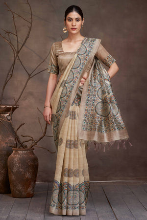 Beige Saree in Cotton Silk with Ethnic Madhubani Prints