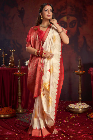 Festive Wear Off White & Red Satin Saree with Traditional Weaving