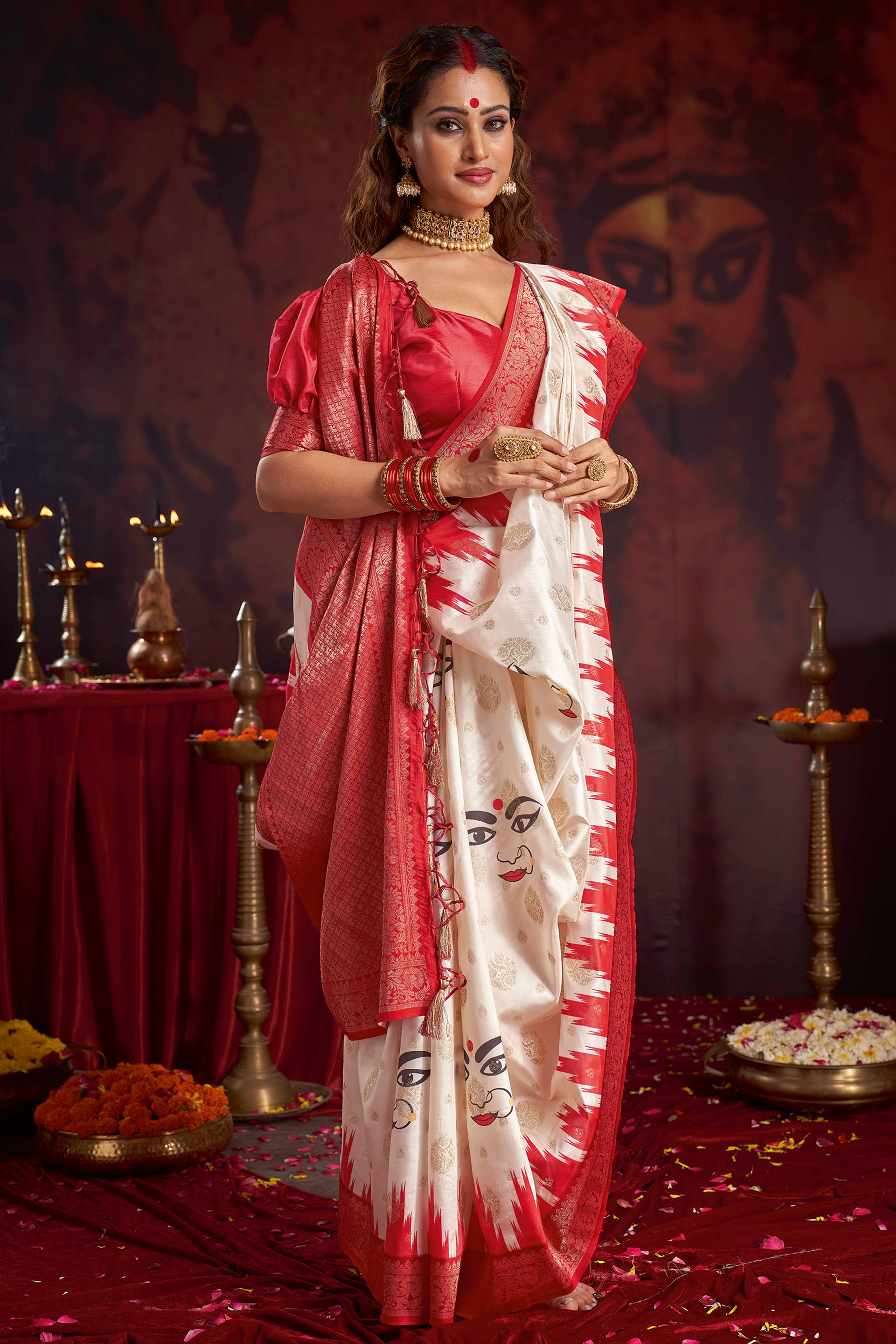 Classic Off White and Red Satin Saree Durga Festival Edition