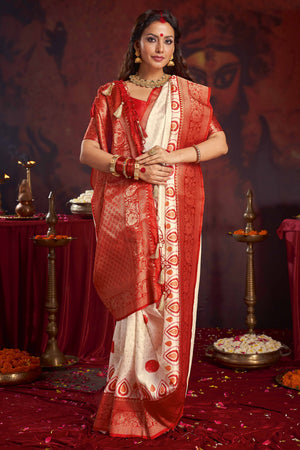 Durga Puja Inspired Traditional Satin Saree in Red & White