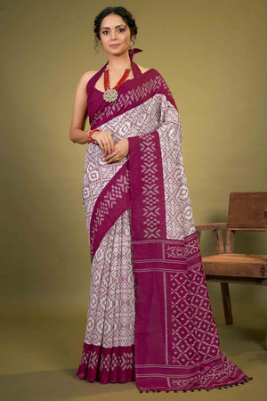 Wine Ikkat Printed Cotton Slub Saree