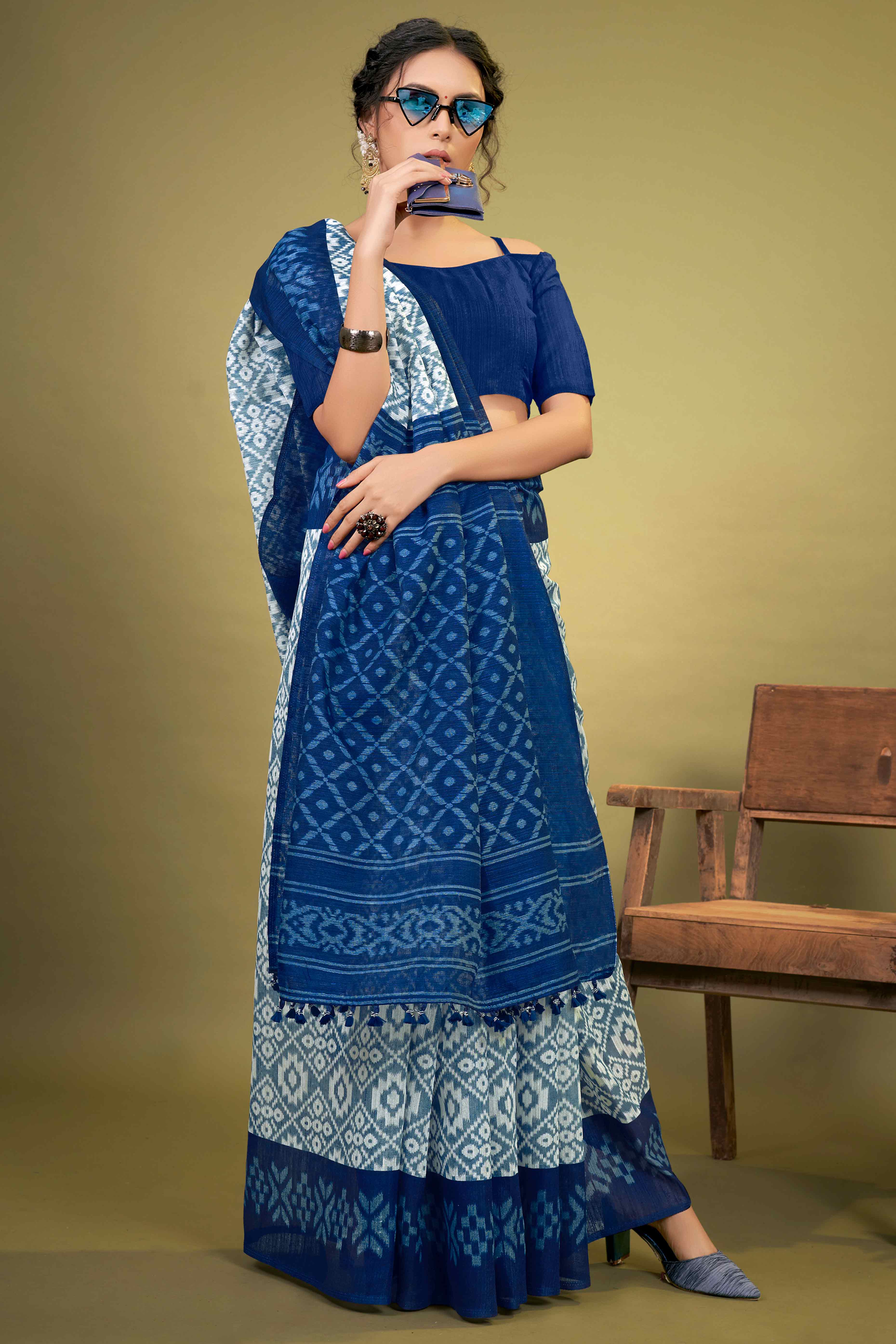 Blue Ikkat Printed Cotton Slub Saree