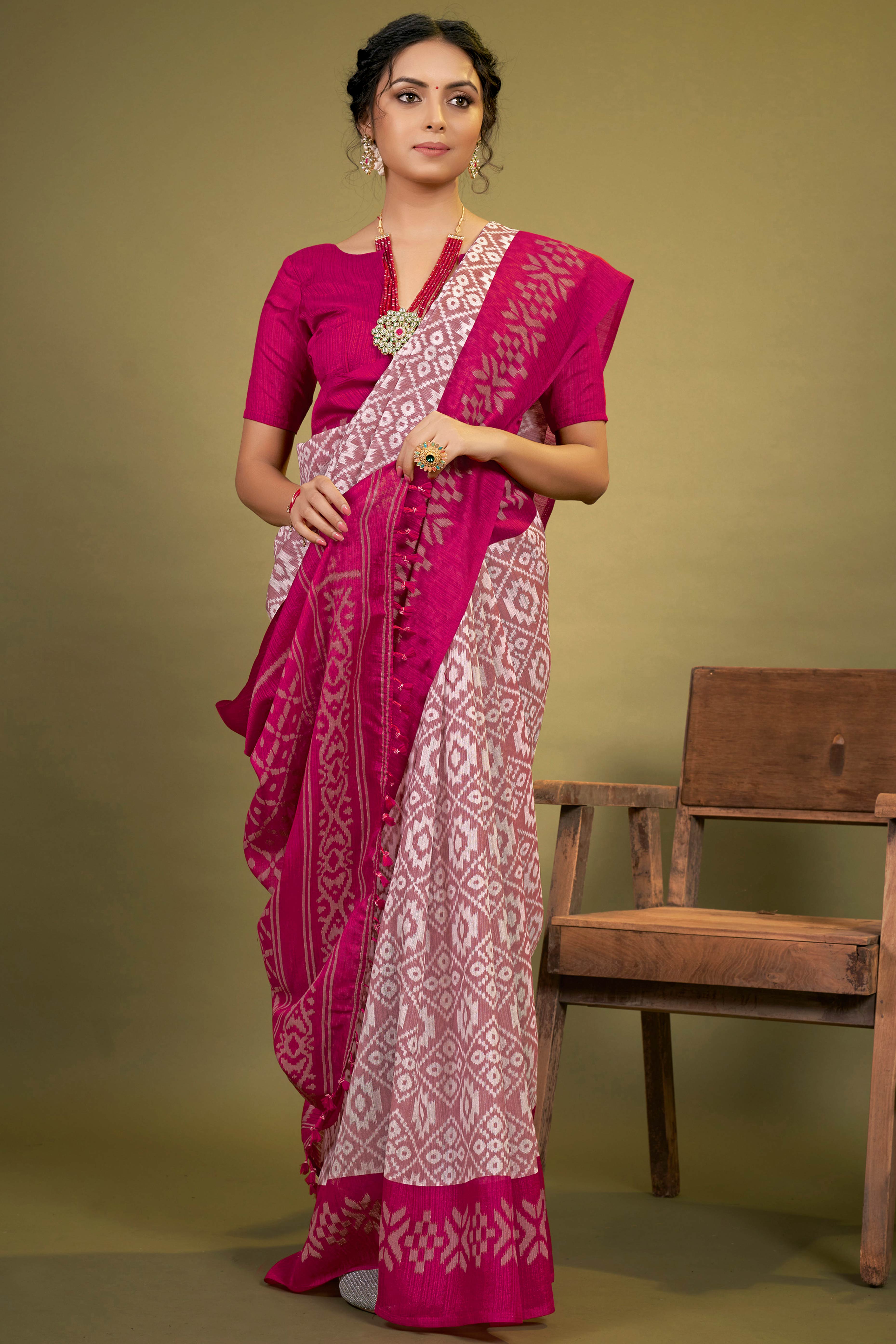 Pink Ikkat Printed Cotton Slub Saree