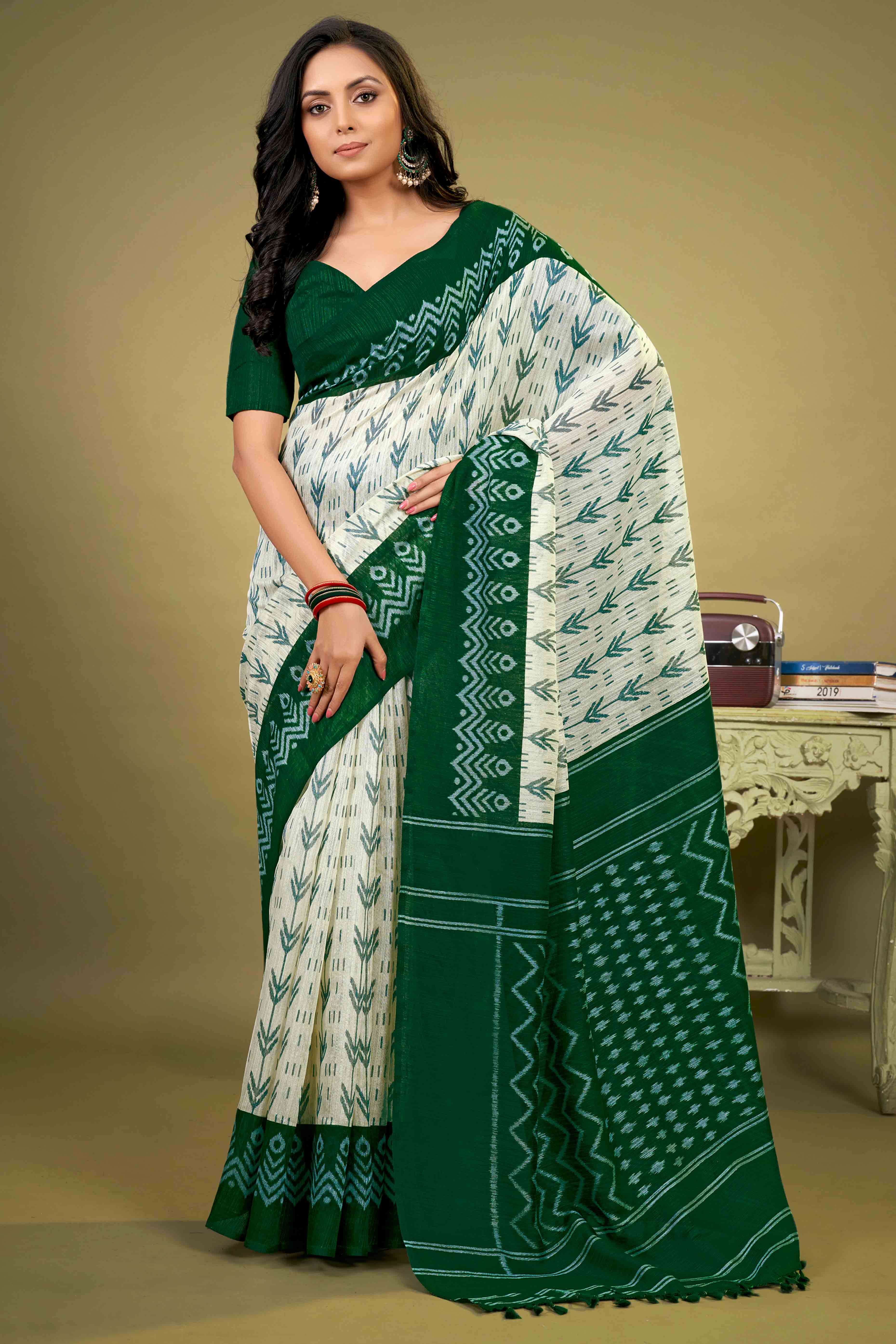 Green Ikkat Printed Cotton Slub Saree