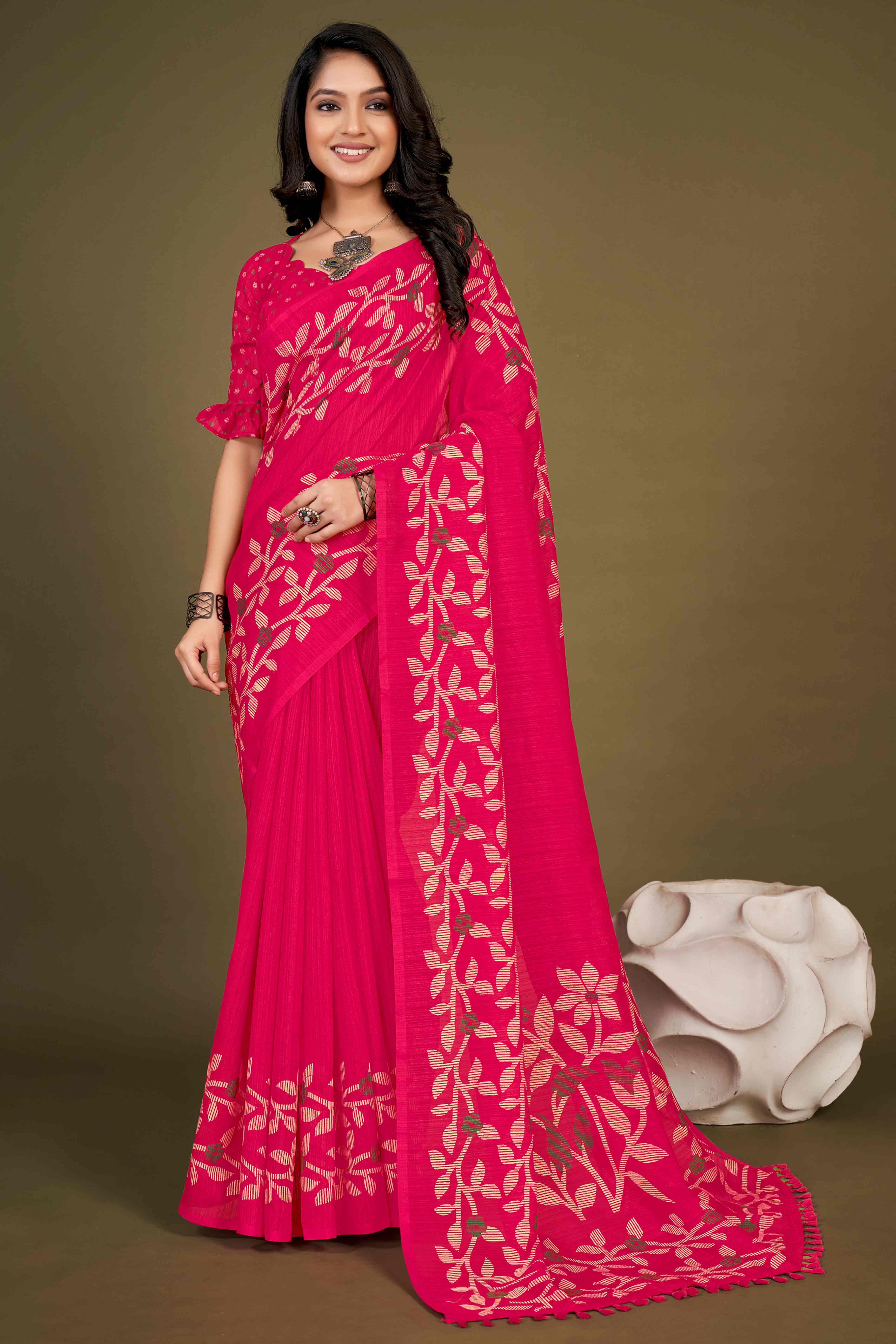 Pink Floral Printed Cotton Slub Saree