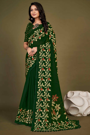 Green Floral Printed Cotton Slub Saree