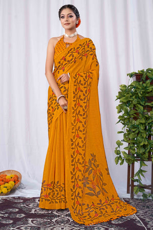 Mustard Floral Printed Cotton Slub Saree