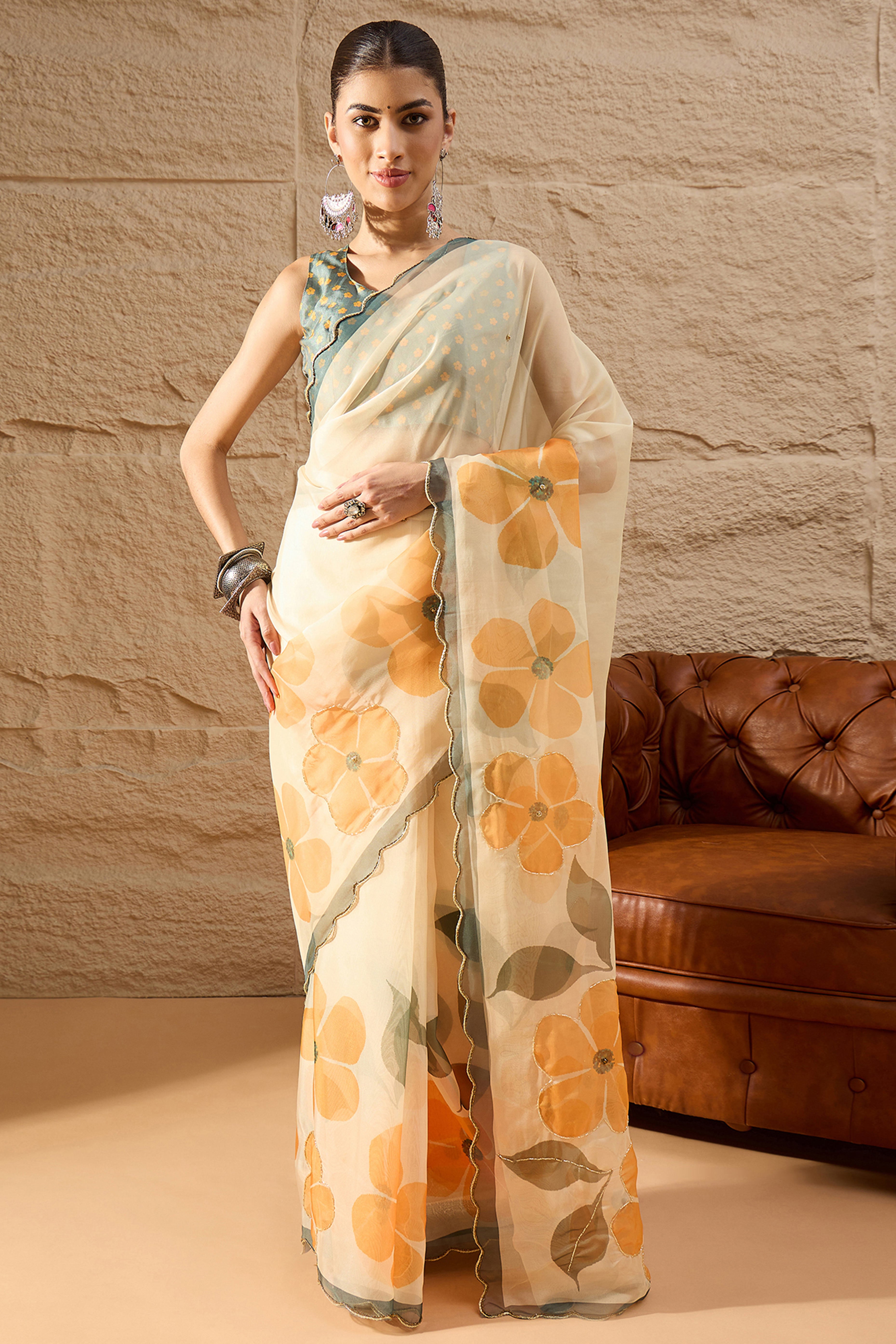 Cream Floral Printed Saree in Sheer Organza Blend Fabric with Handcrafted Beads Work