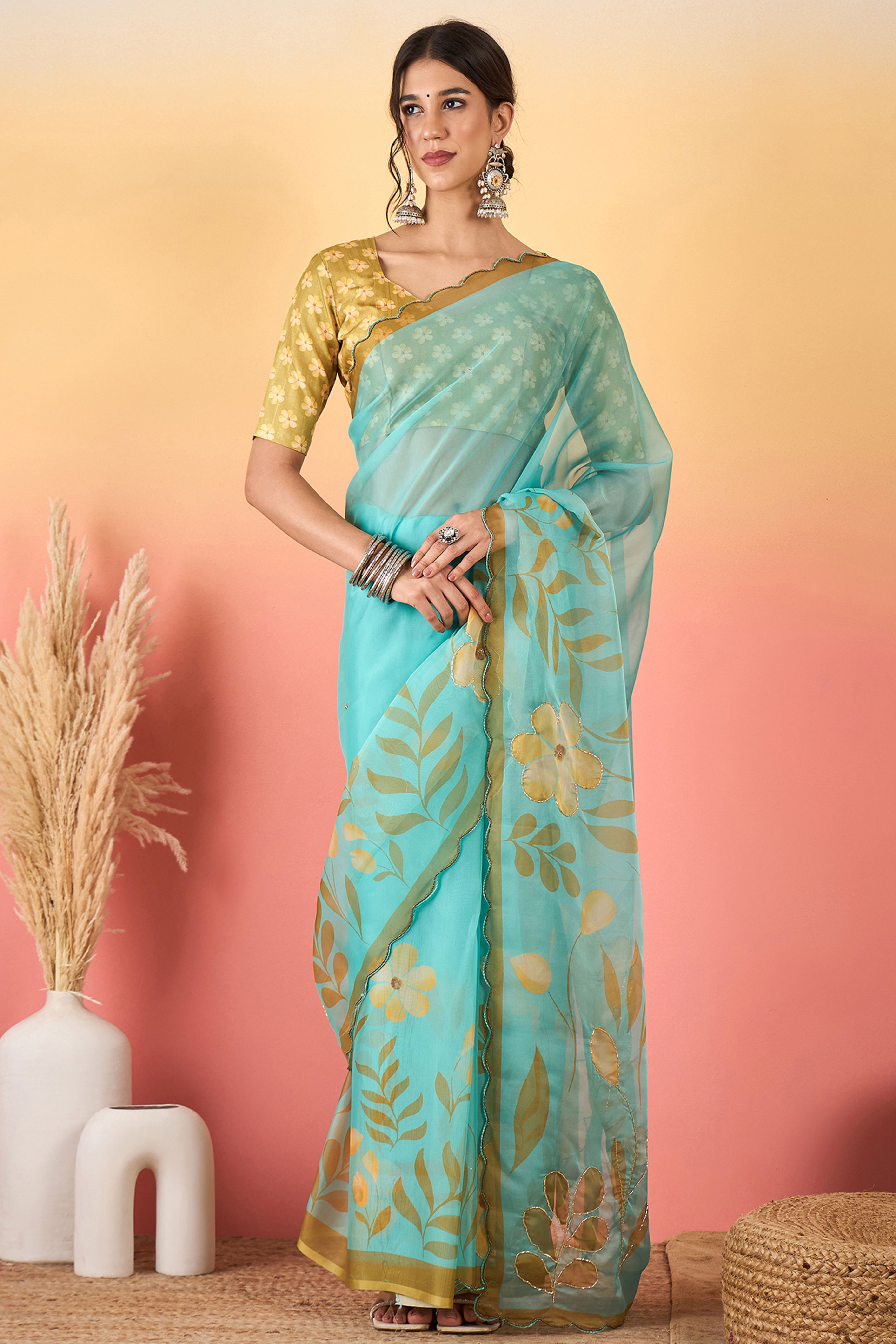 Gorgeous Turquoise Floral Printed Saree in Sheer Organza Blend Fabric with Handcrafted Beads Work