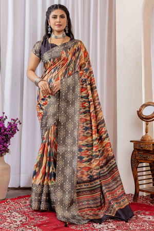 Grey Cotton Silk Saree with Digital Abstract Prints