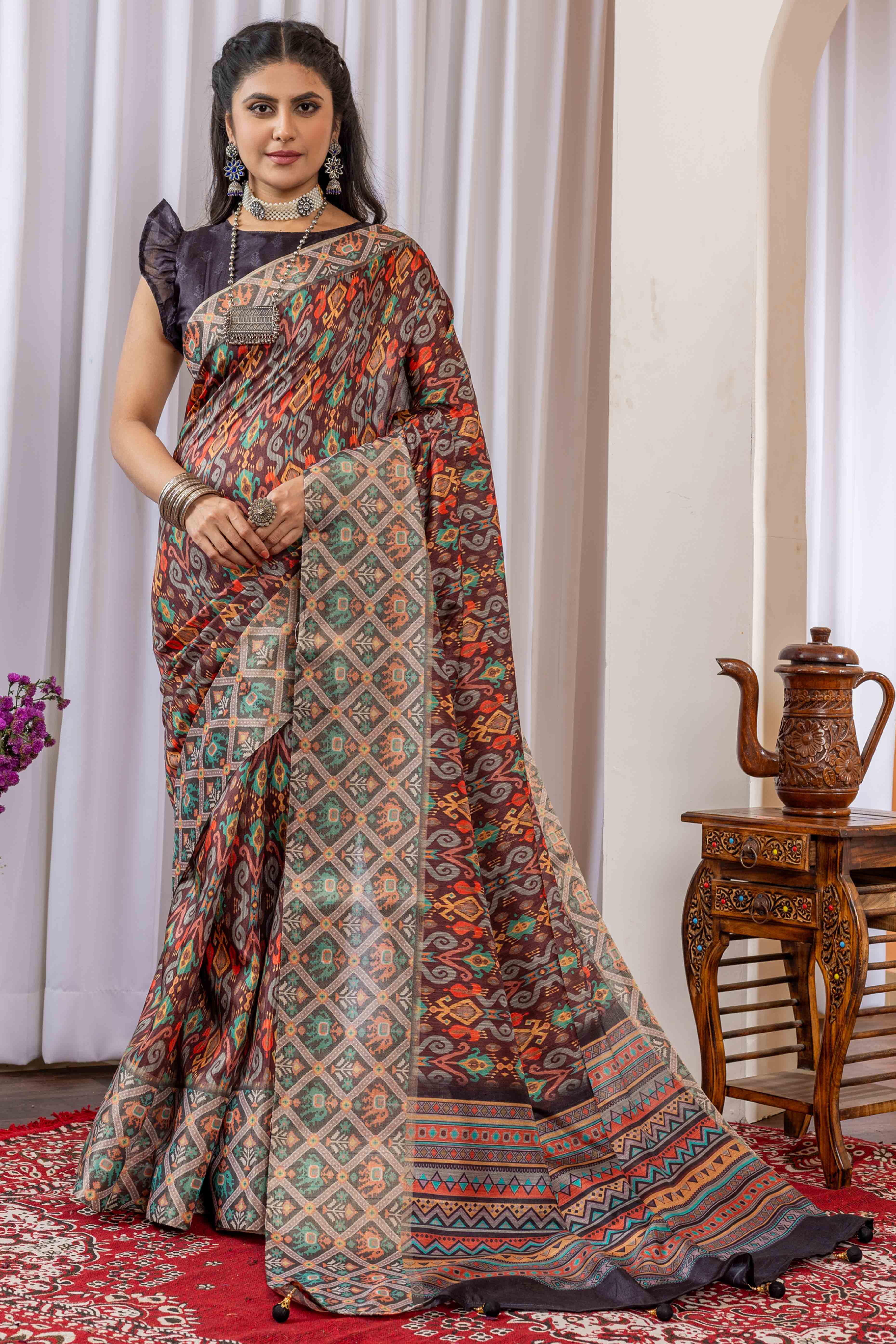 Brown Cotton Silk Saree with Digital Abstract Prints