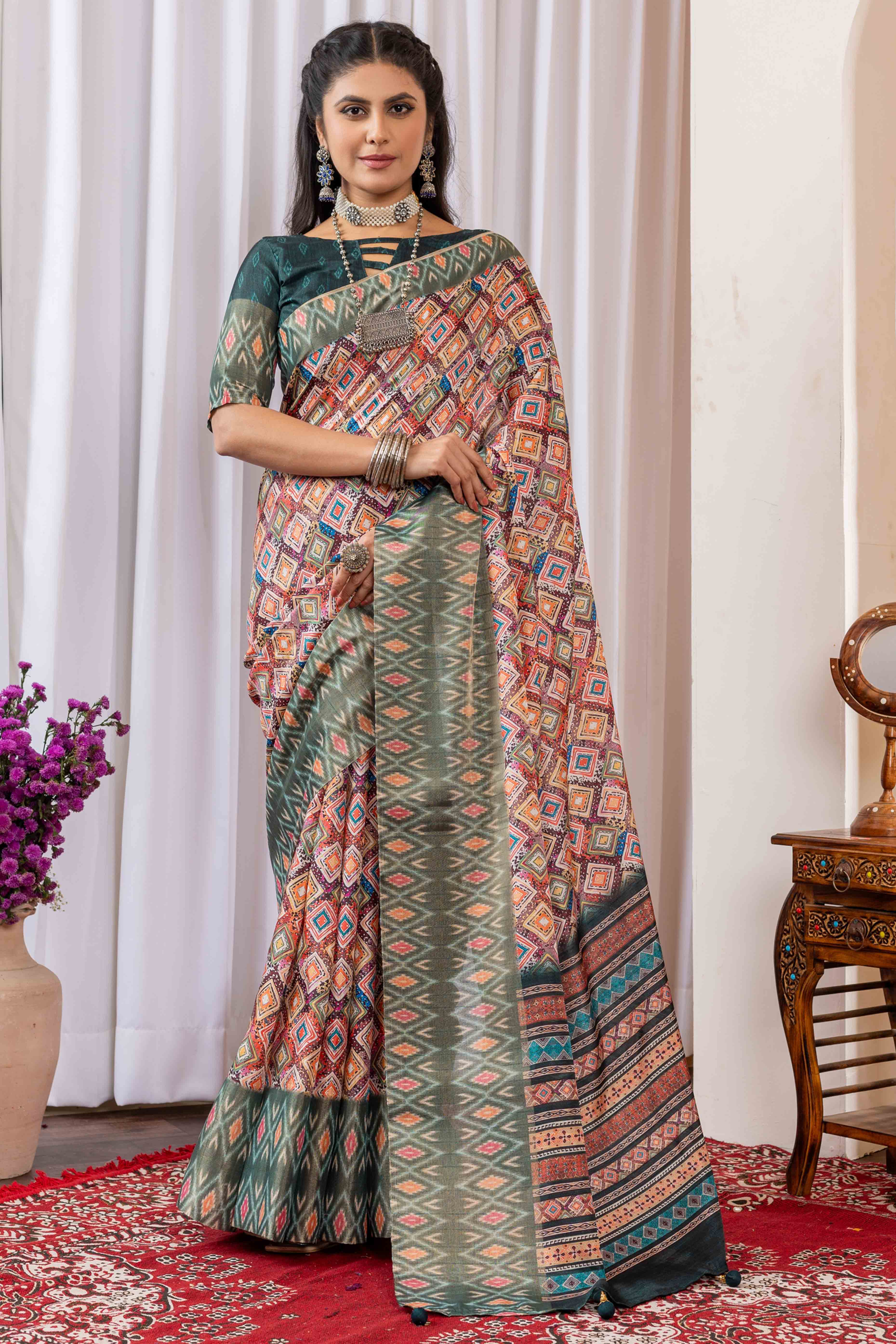 Multicolor Cotton Silk Saree with Digital Abstract Prints