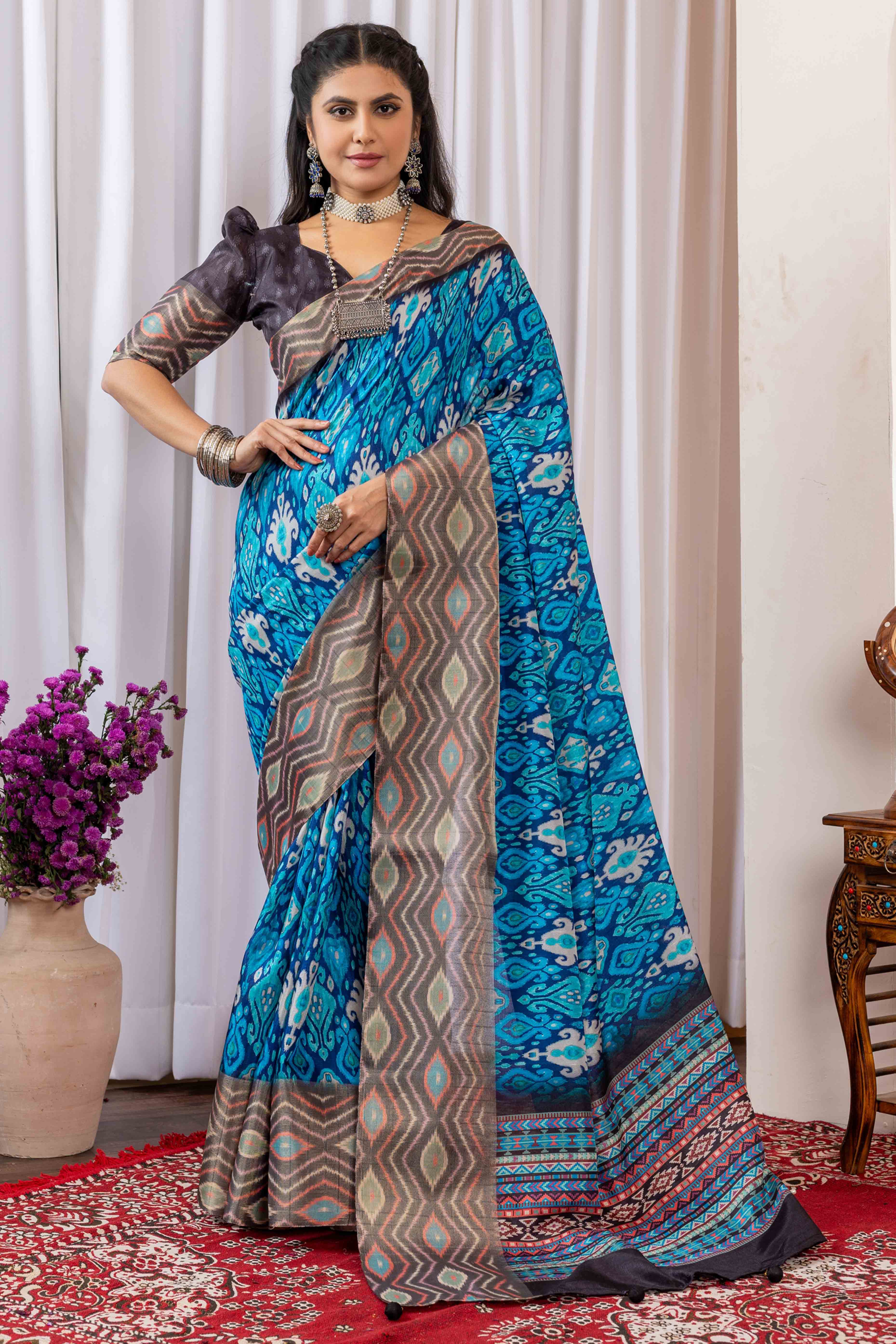 Blue Cotton Silk Saree with Digital Abstract Prints
