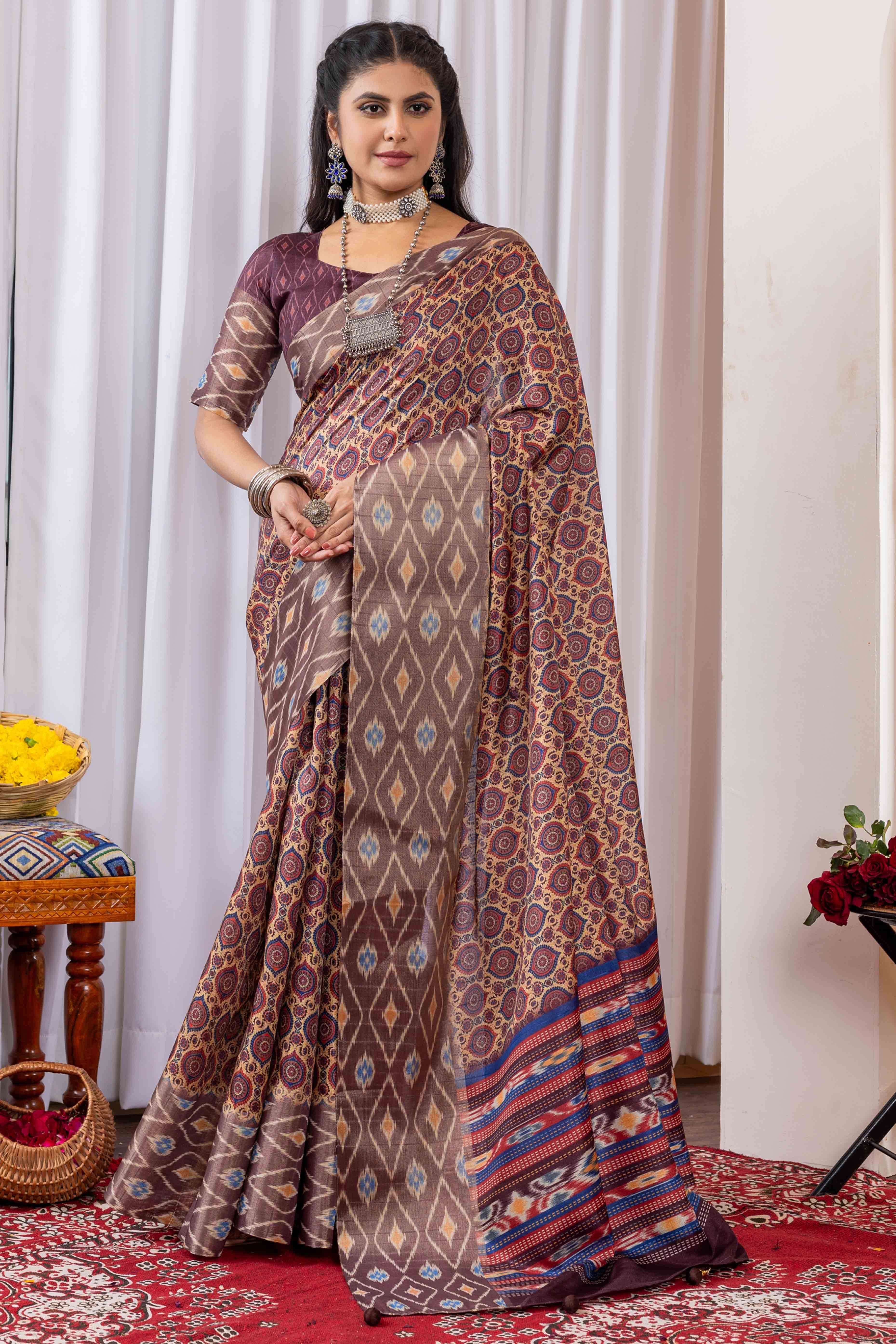 Brown Cotton Silk Saree with Digital Abstract Prints