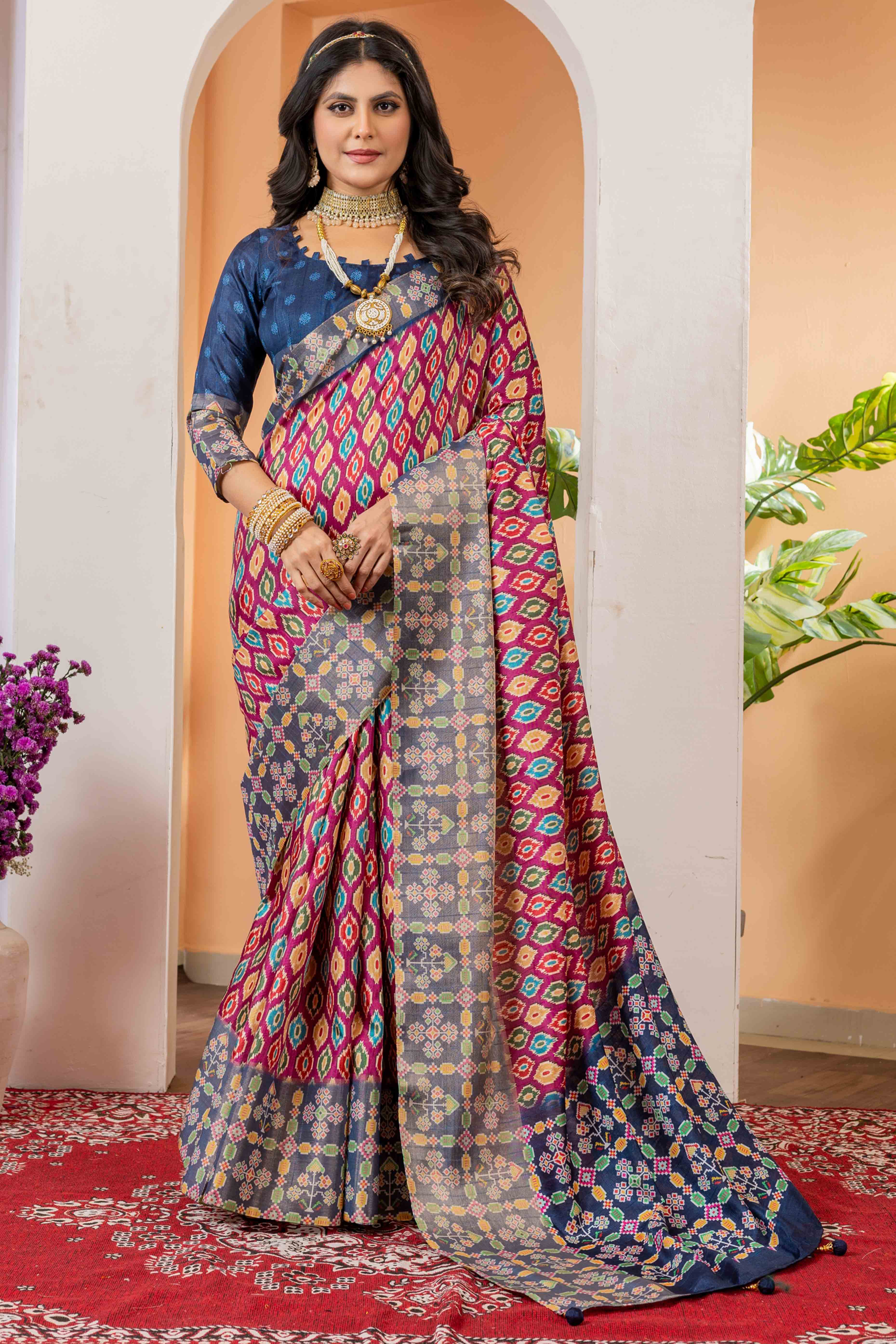 Pink & Blue Cotton Silk Saree with Digital Abstract Prints