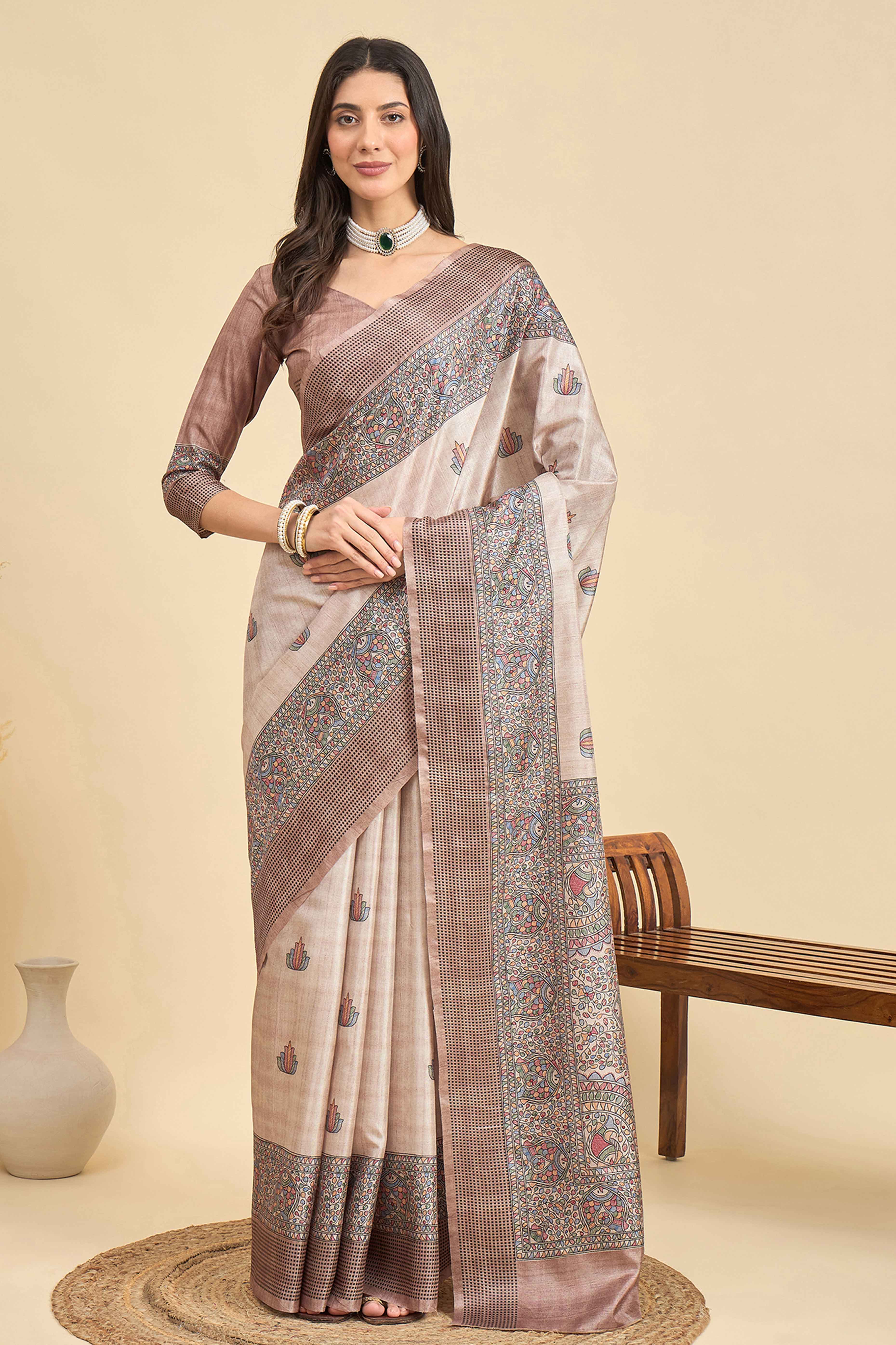 Beige Silk Blend Saree with Floral Prints