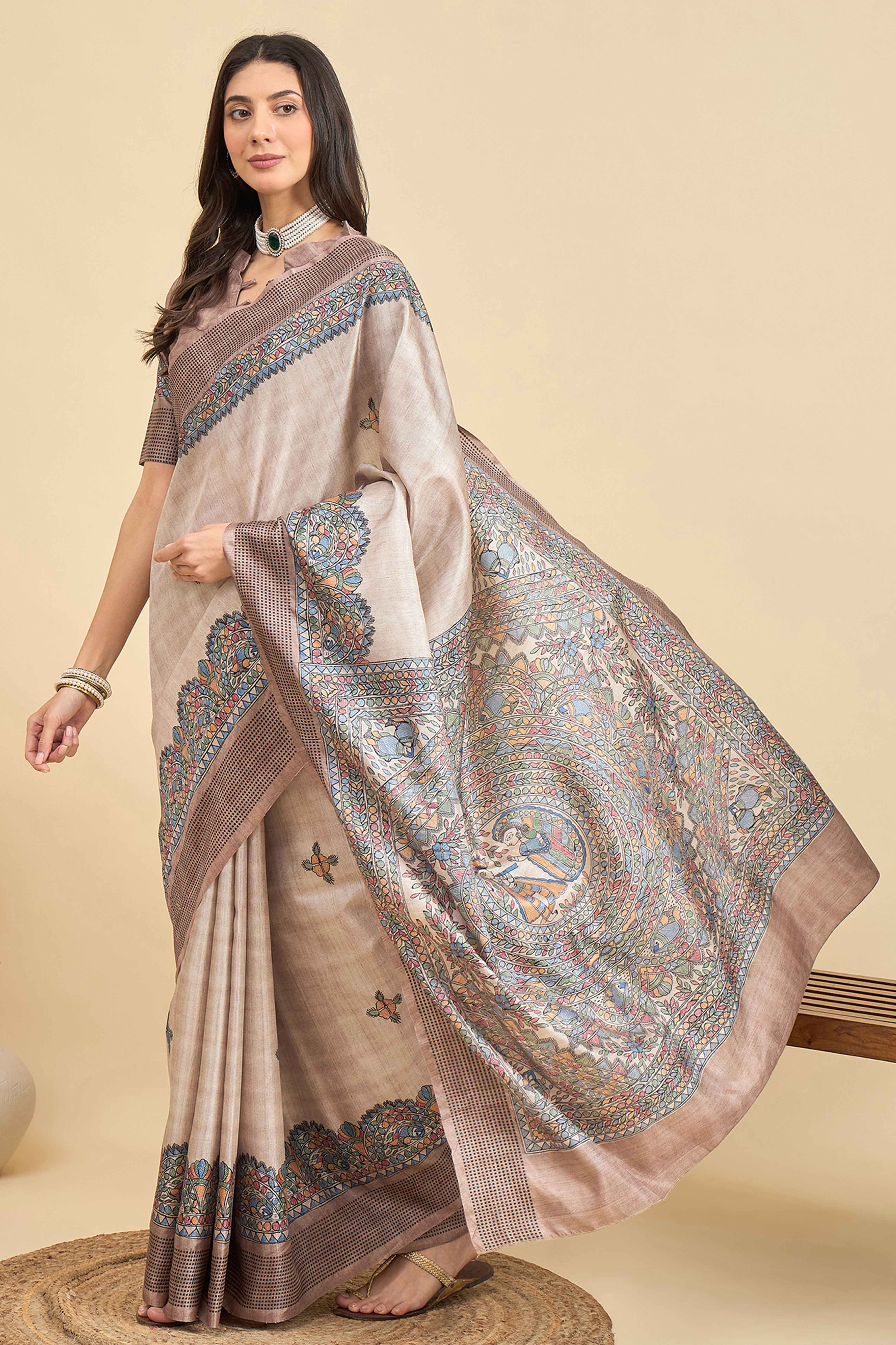 Beige Floral Printed Silk Blend Saree