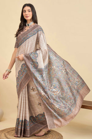 Beige Floral Printed Silk Blend Saree