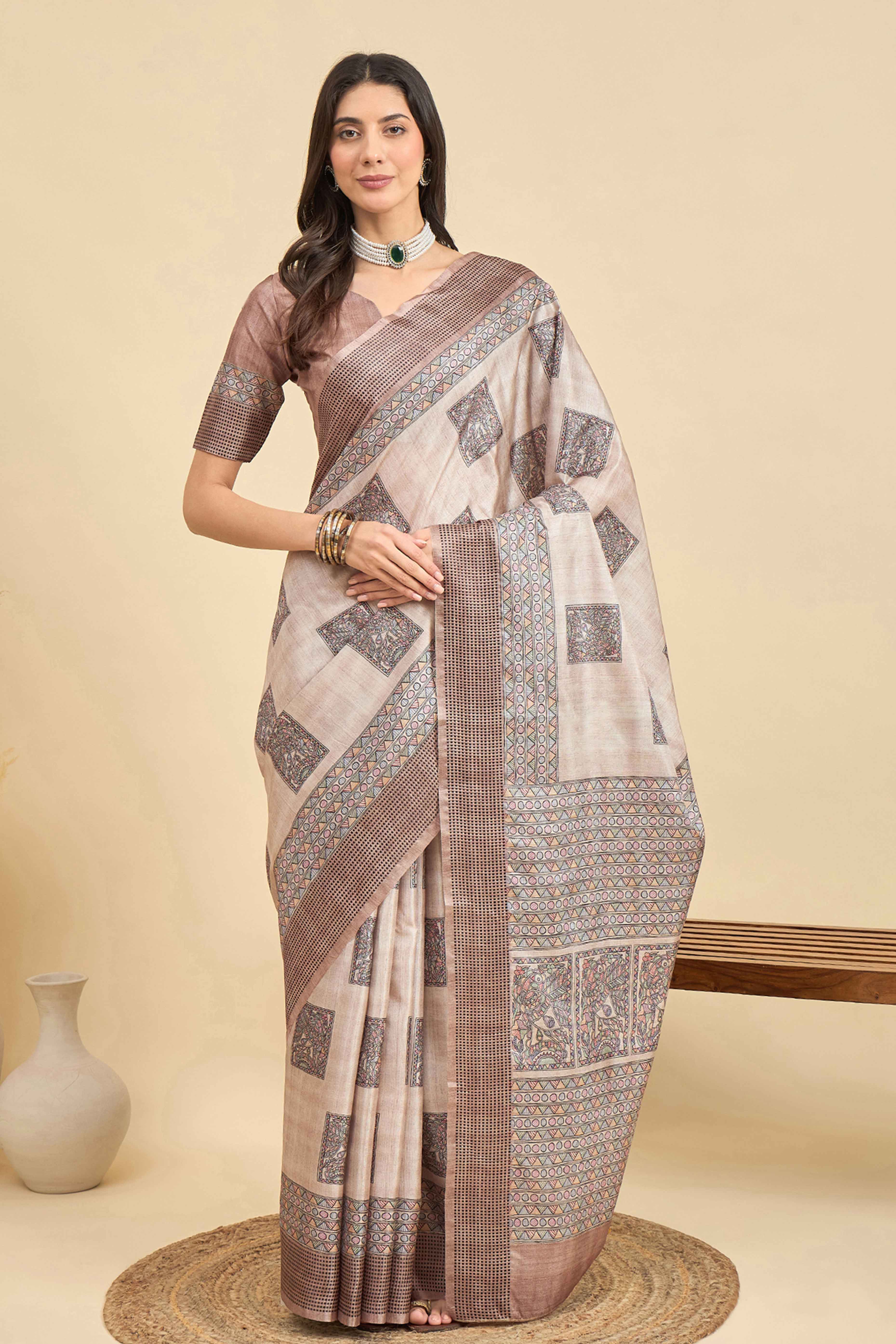 Beige Floral Printed Silk Blend Saree