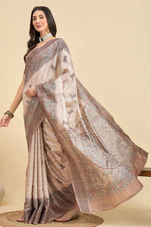 Beige Floral Printed Silk Blend Saree