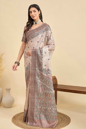 Beige Floral Printed Silk Blend Saree