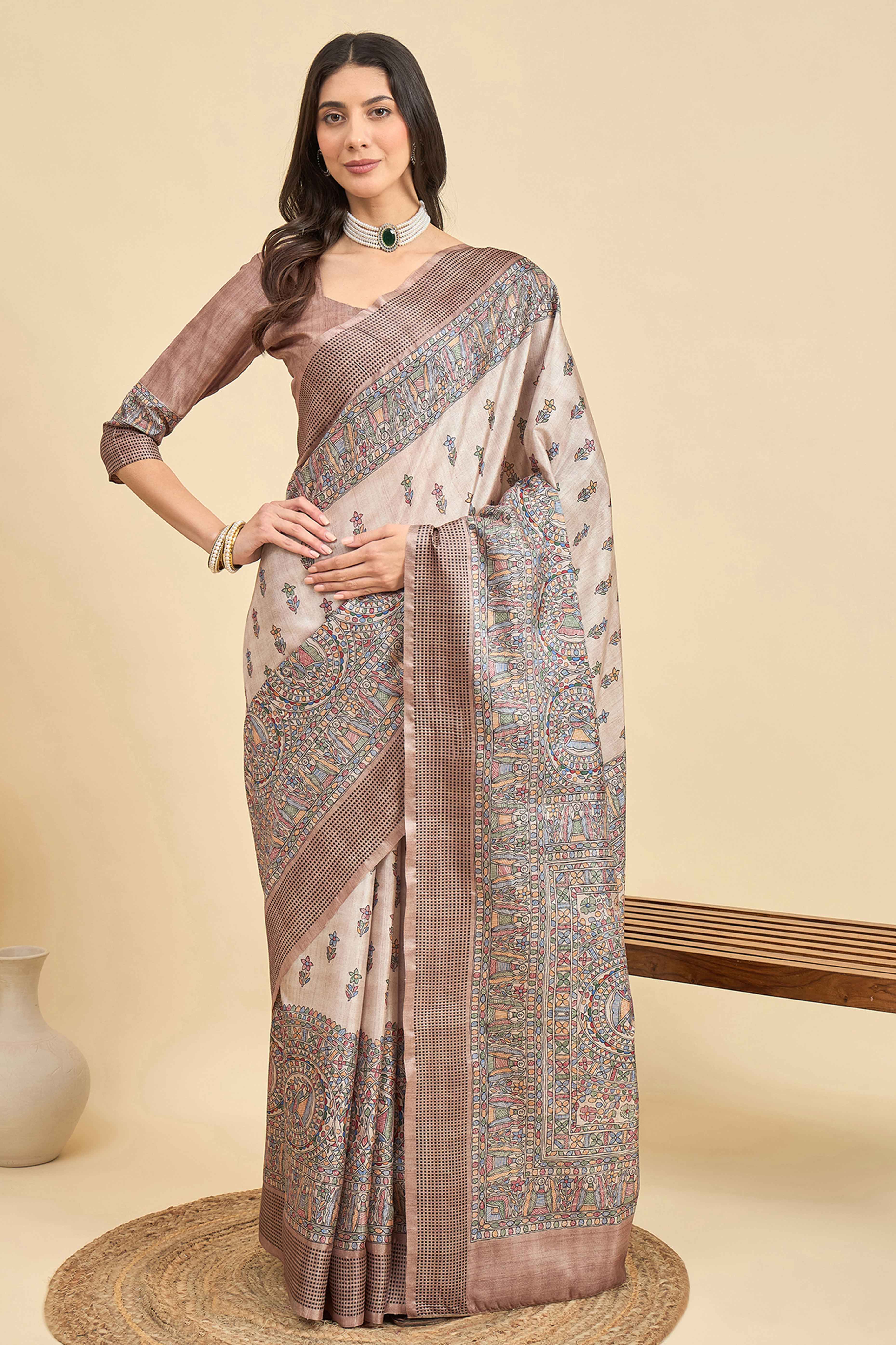 Beige Floral Printed Silk Blend Saree