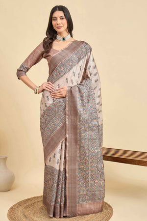 Beige Floral Printed Silk Blend Saree