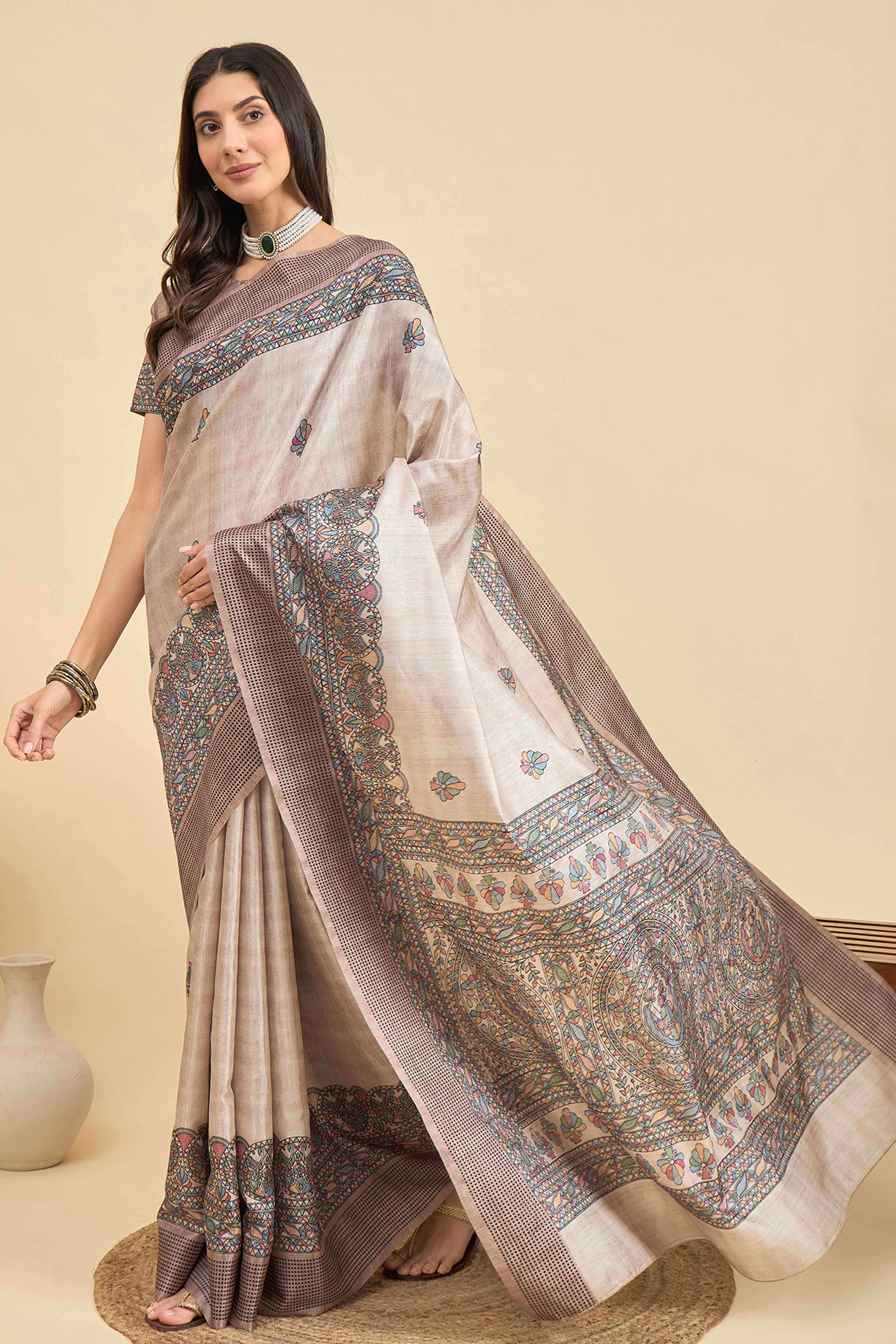Beige Floral Printed Silk Blend Saree