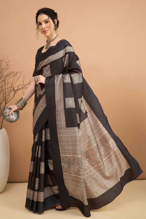 Black Silk Blend Saree with Delicate Floral Motifs