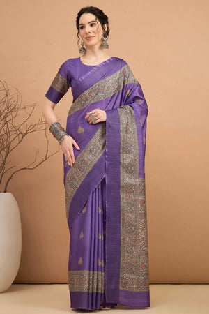 Purple Silk Blend Saree with Delicate Floral Motifs