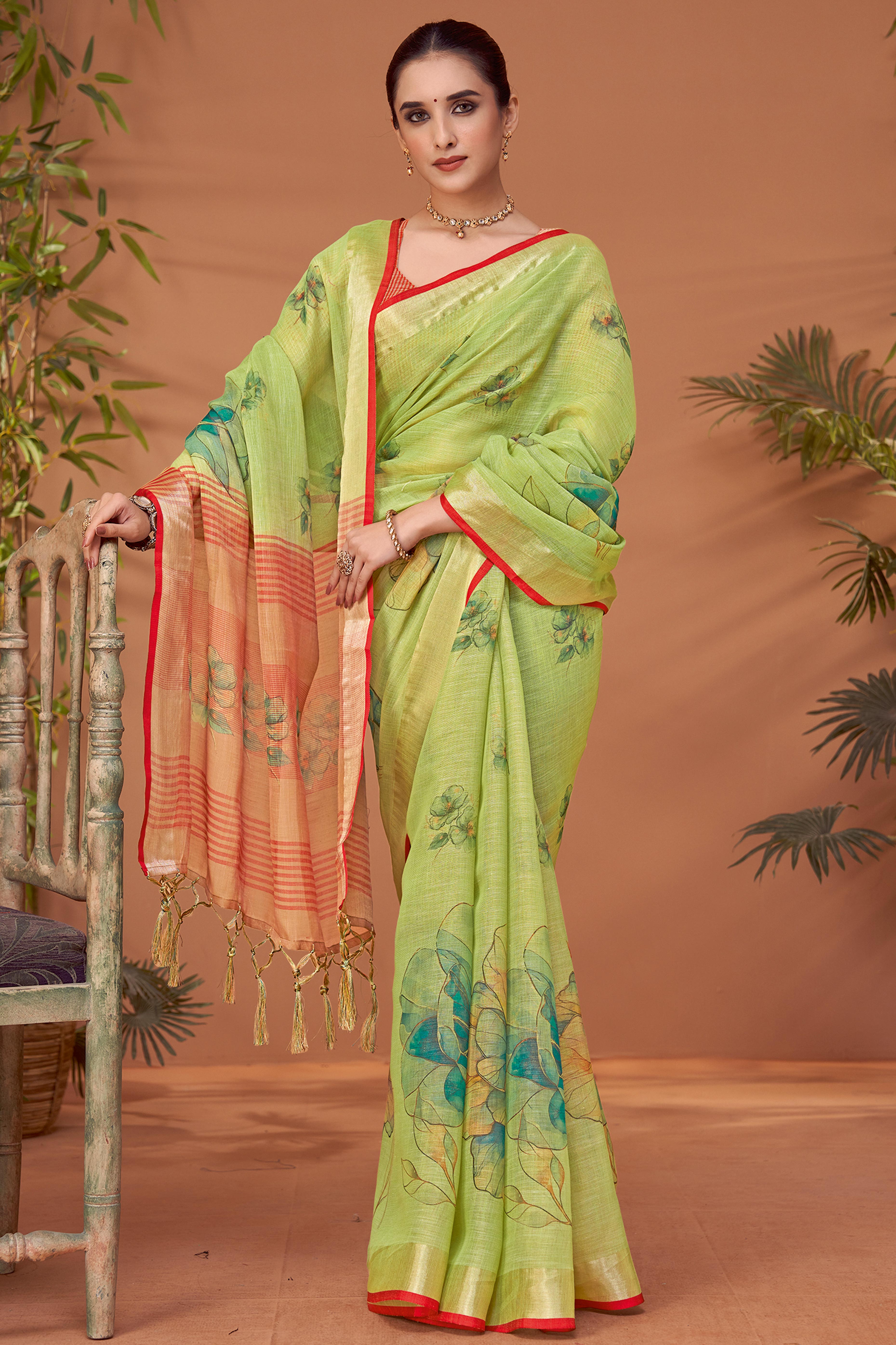 Green Woven Floral Printed Linen Blend Saree with Soft Elegant Texture