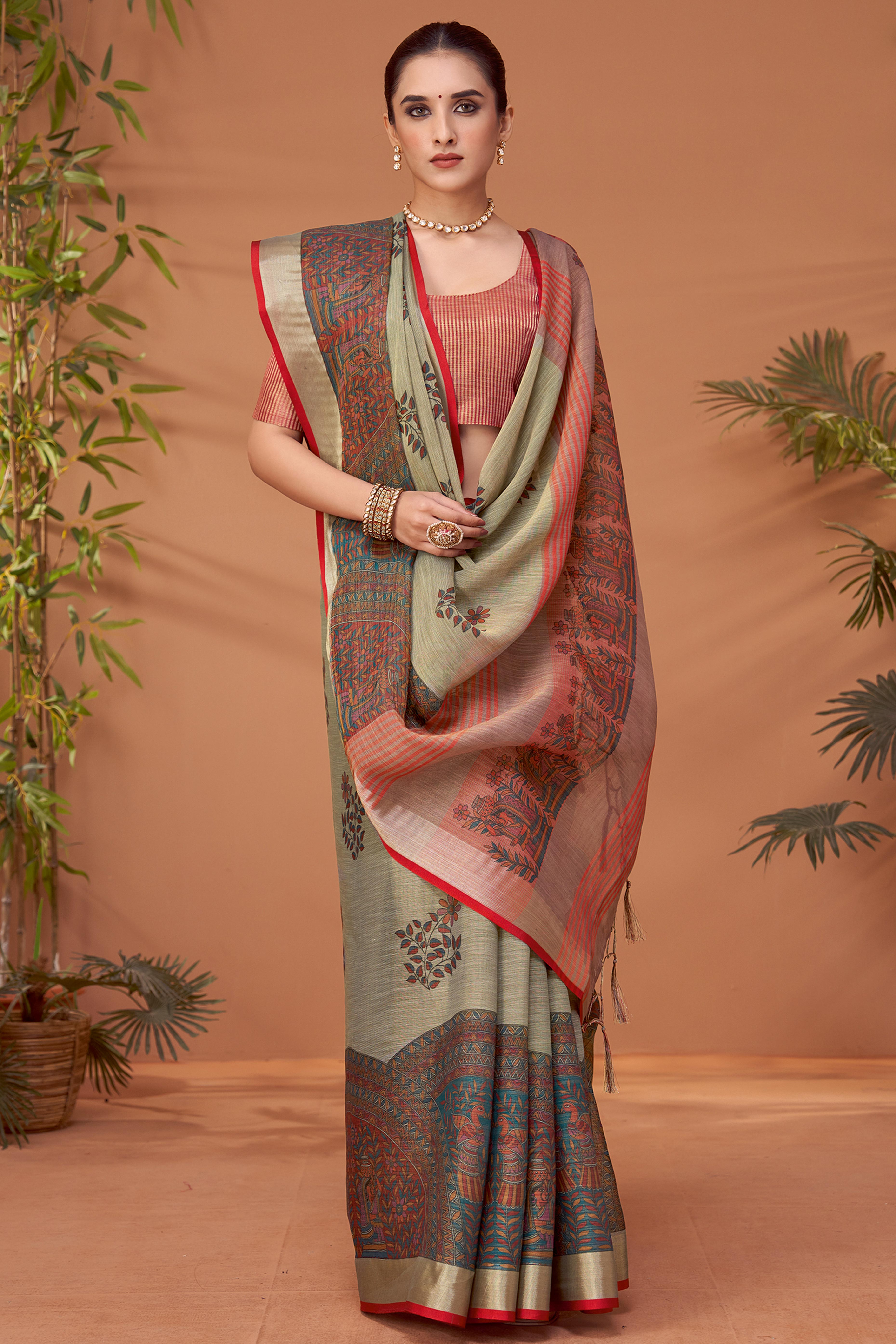 Sage Green Woven Floral Printed Linen Blend Saree with Soft Elegant Texture