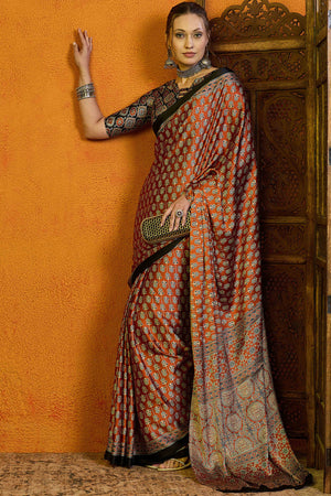 Rust Floral Printed Modal Satin Saree