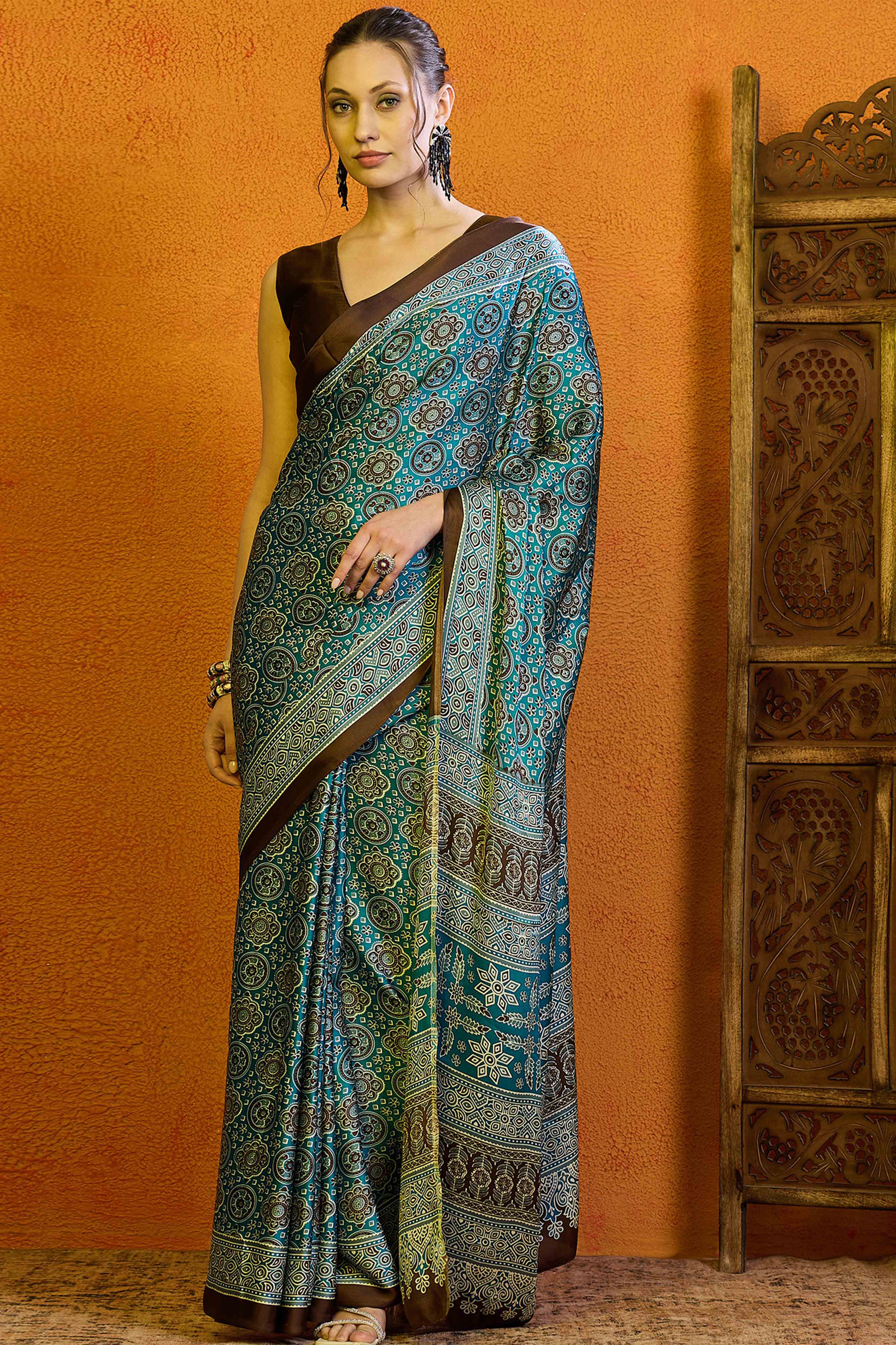 Teal Green Floral Printed Modal Satin Saree