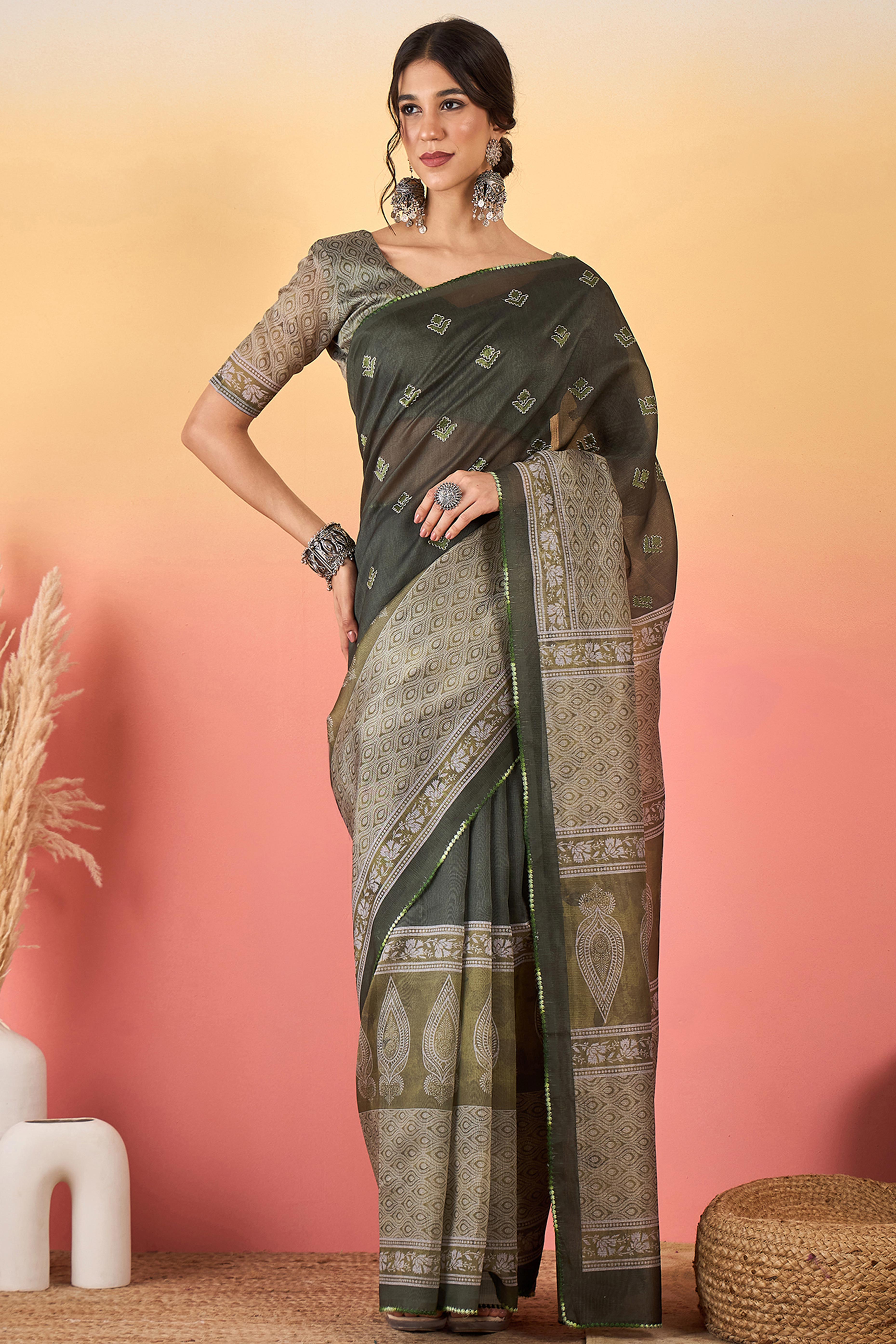 Mehendi Green Floral Embroidered Saree Made from Premium Lightweight Silk Blend Material