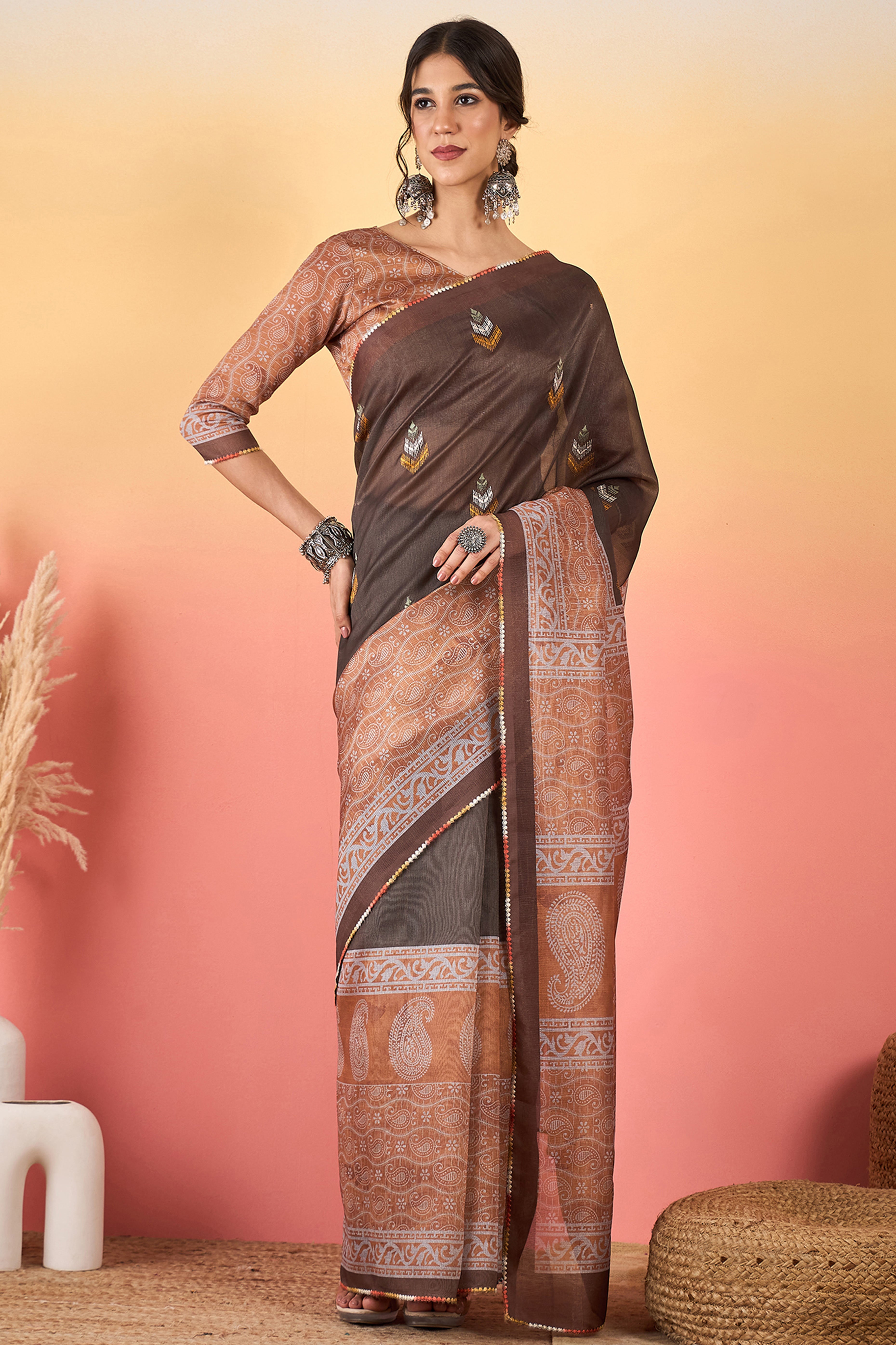 Brown Floral Embroidered Saree Made from Premium Lightweight Silk Blend Material