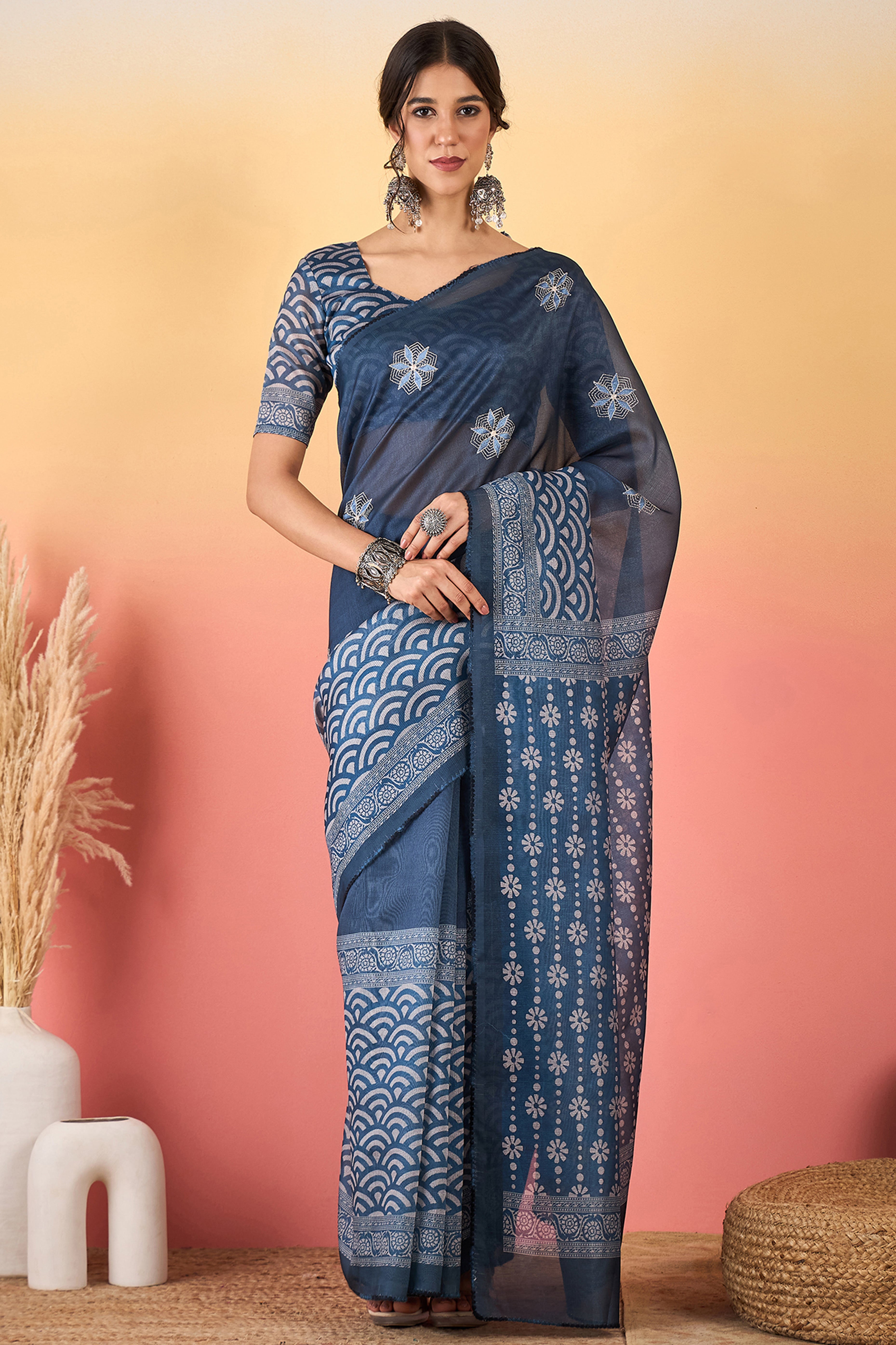 Navy Blue Floral Embroidered Saree Made from Lightweight Silk Blend Material