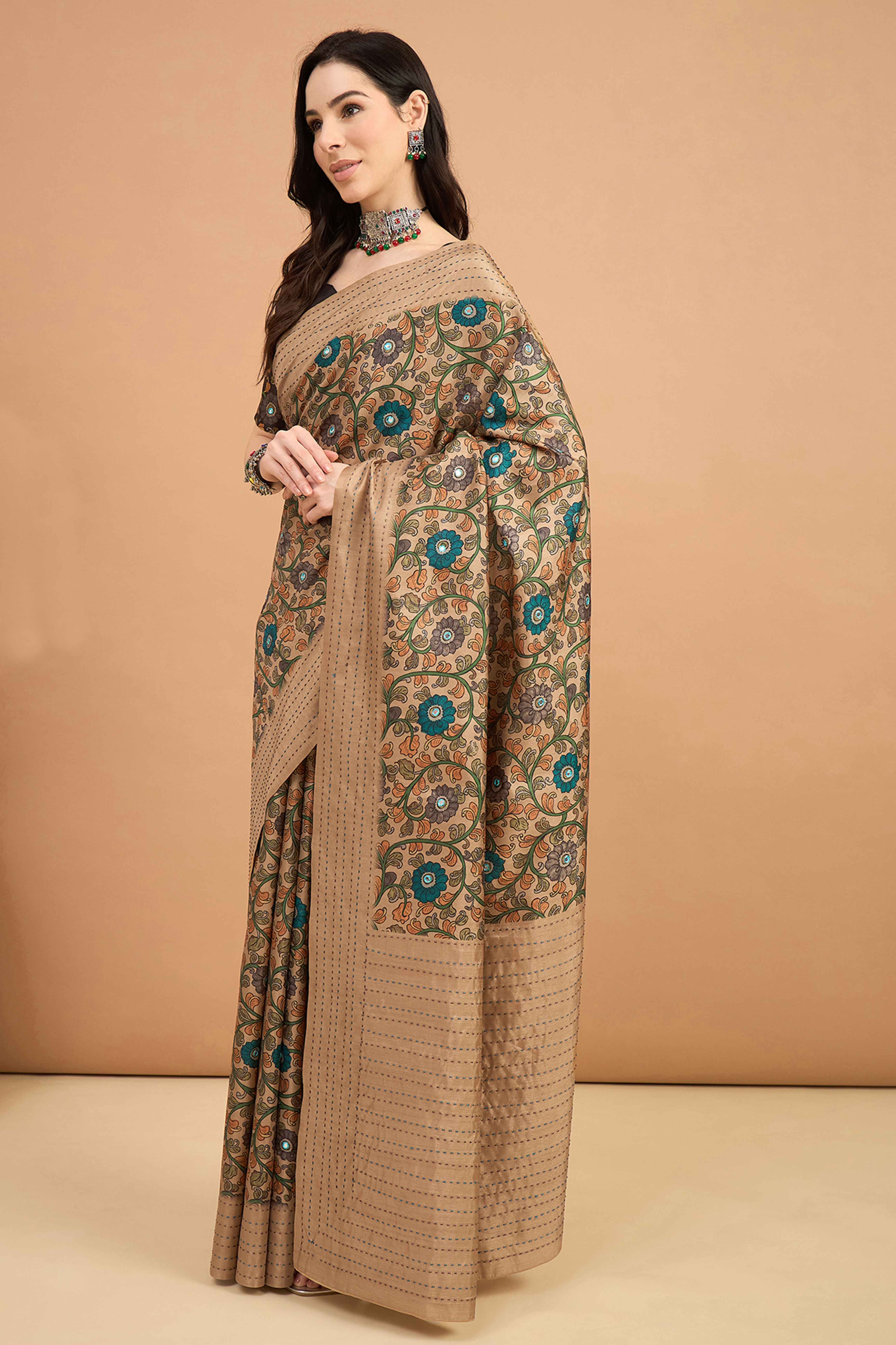 Refreshing Beige Floral Printed Kozi Art Silk Saree With Shimmering Mirror & Intricate Katha Stitched