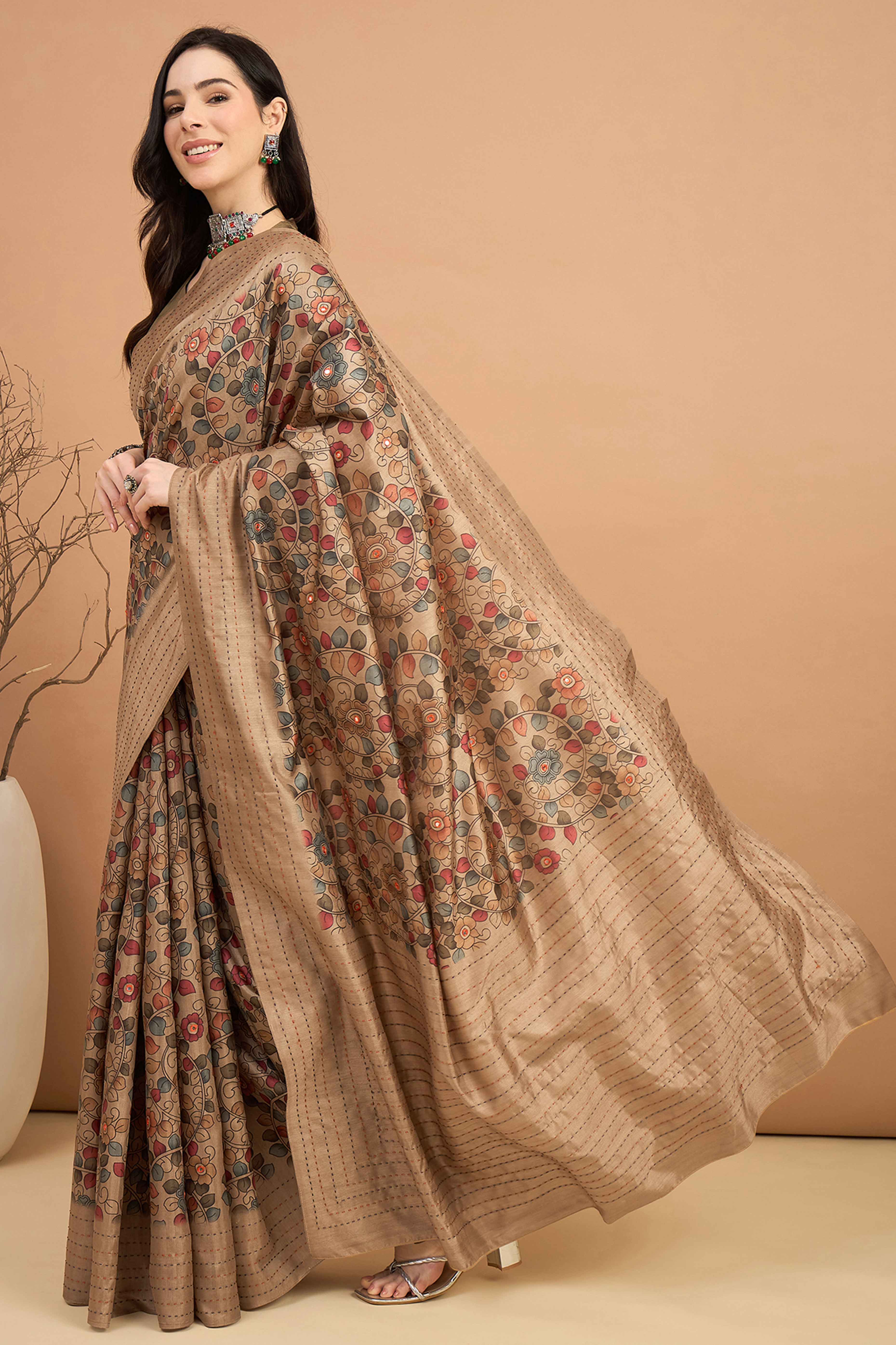 Sophisticated Beige Floral Printed Kozi Art Silk Saree With Shimmering Mirror & Intricate Katha Stitched