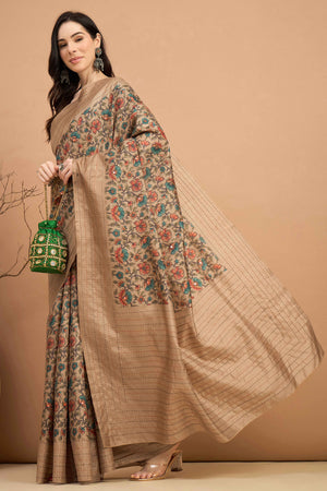 Stunning Beige Floral Printed Kozi Art Silk Saree With Shimmering Mirror & Intricate Katha Stitched