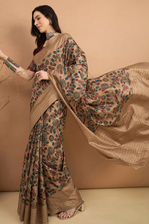 Refreshing Beige Floral Printed Kozi Art Silk Saree With Shimmering Mirror & Intricate Katha Stitche