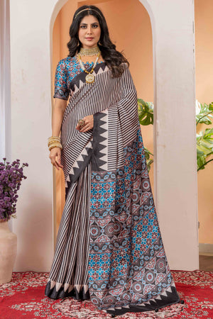 Elegant Black & Cream Satin Saree with Geometric Patterns