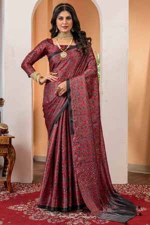 Elegant Maroon Satin Saree with Ajrakh Patterns