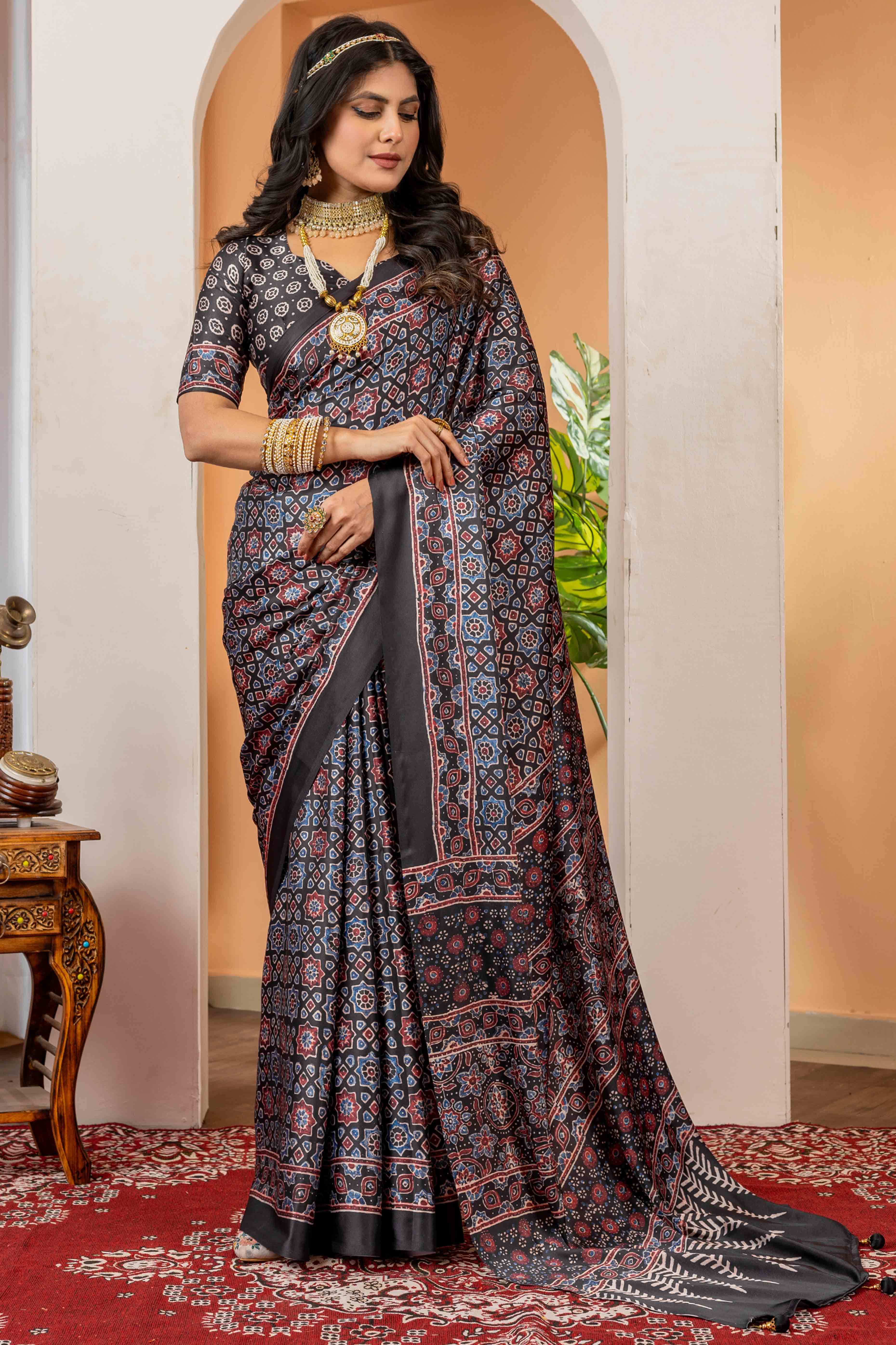 Elegant Black Satin Saree with Ajrakh Patterns