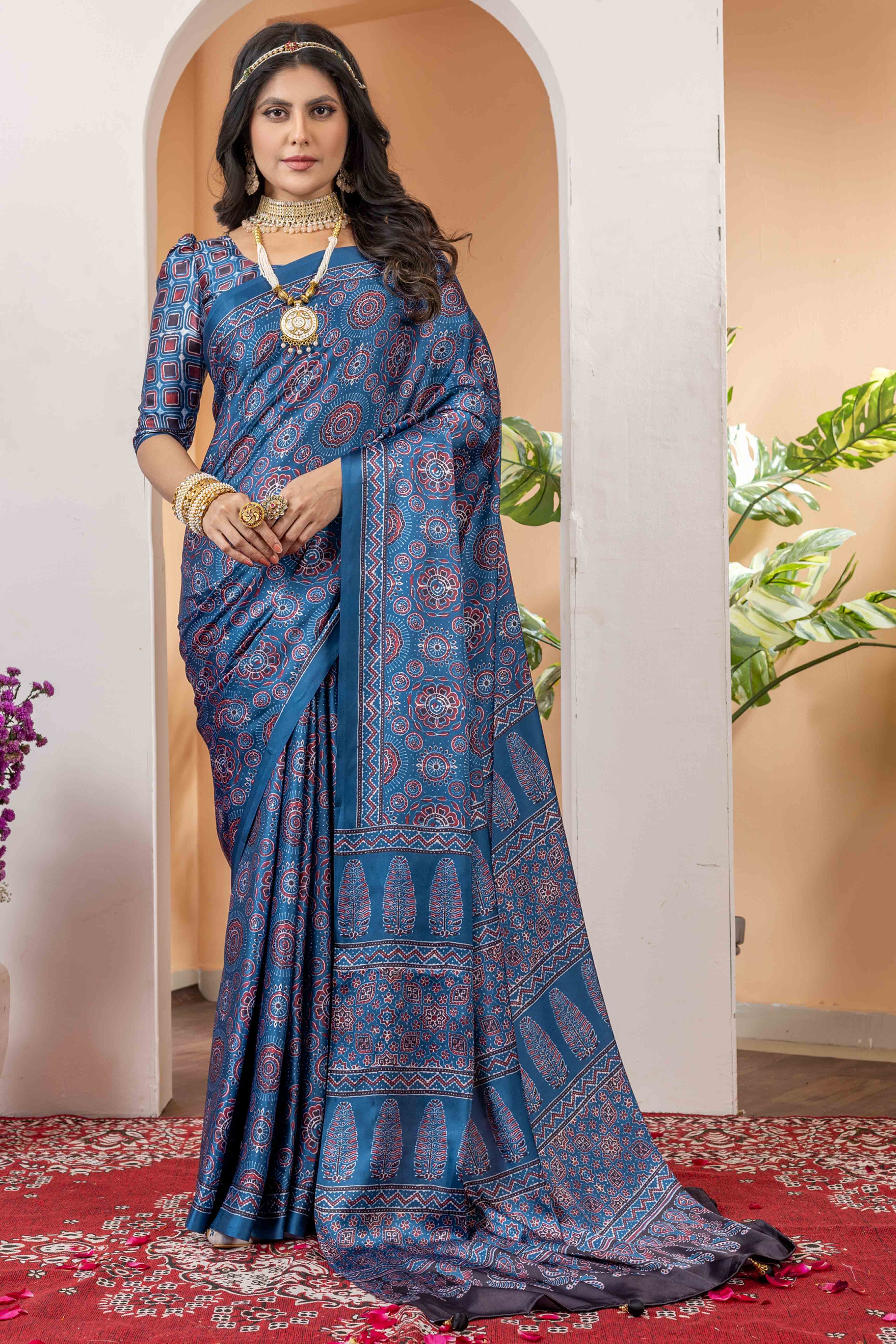 Elegant Blue Satin Saree with Ajrakh Patterns