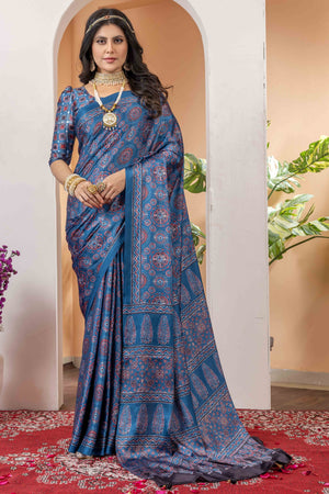 Elegant Blue Satin Saree with Ajrakh Patterns