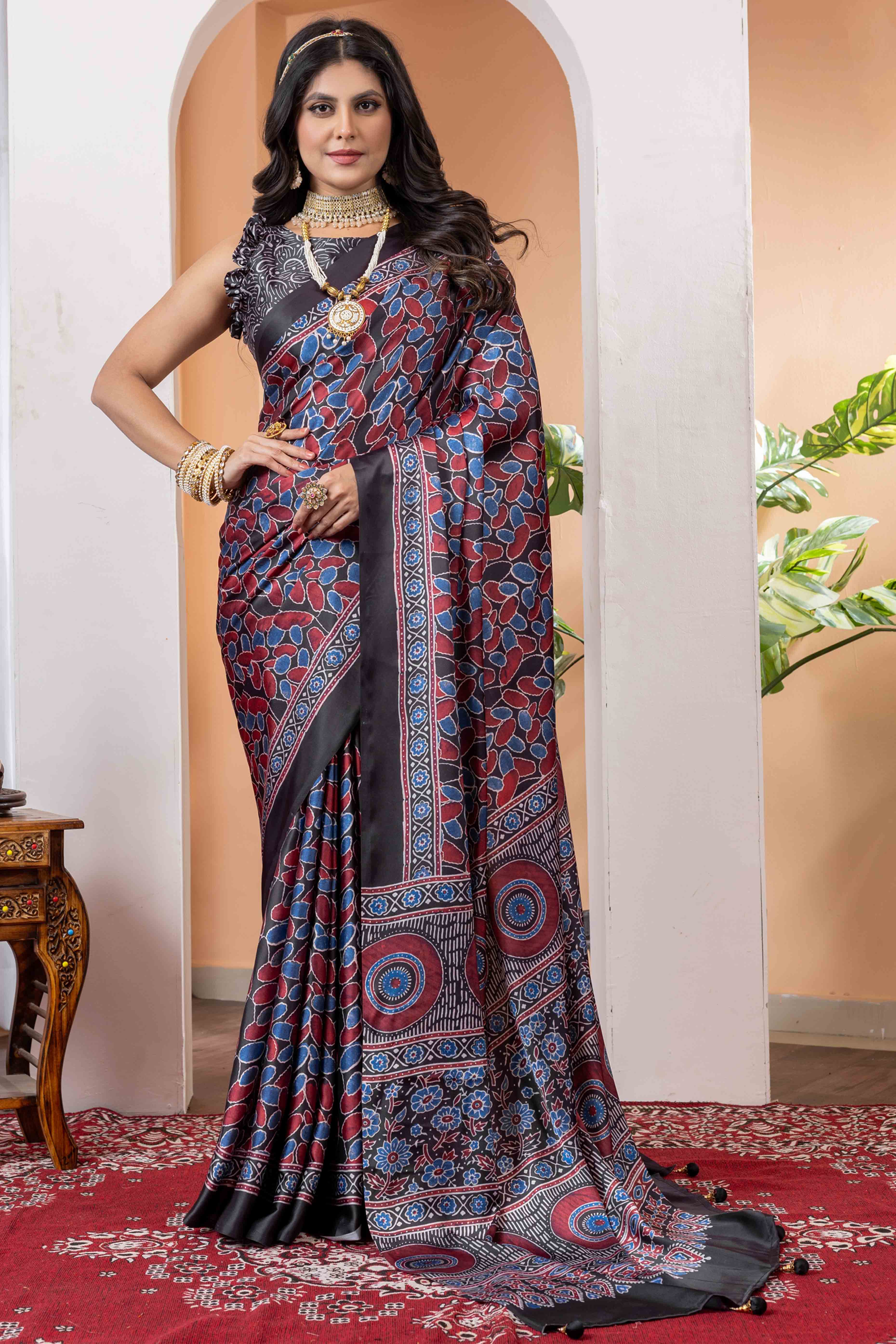Elegant Black & Red Satin Saree with Ajrakh Patterns